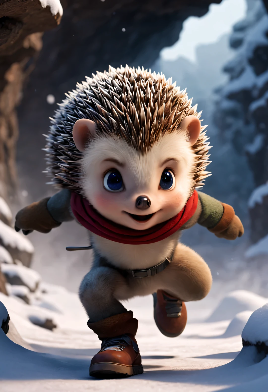 (Cute little hedgehog standing at the entrance of the cave, Stretch out your little head and look at it warily.) nuts, mushroom, fruit, very cute. background: It snowed heavily,background:(Under the snow-covered eaves:0.68),(Big nest covered with snow)