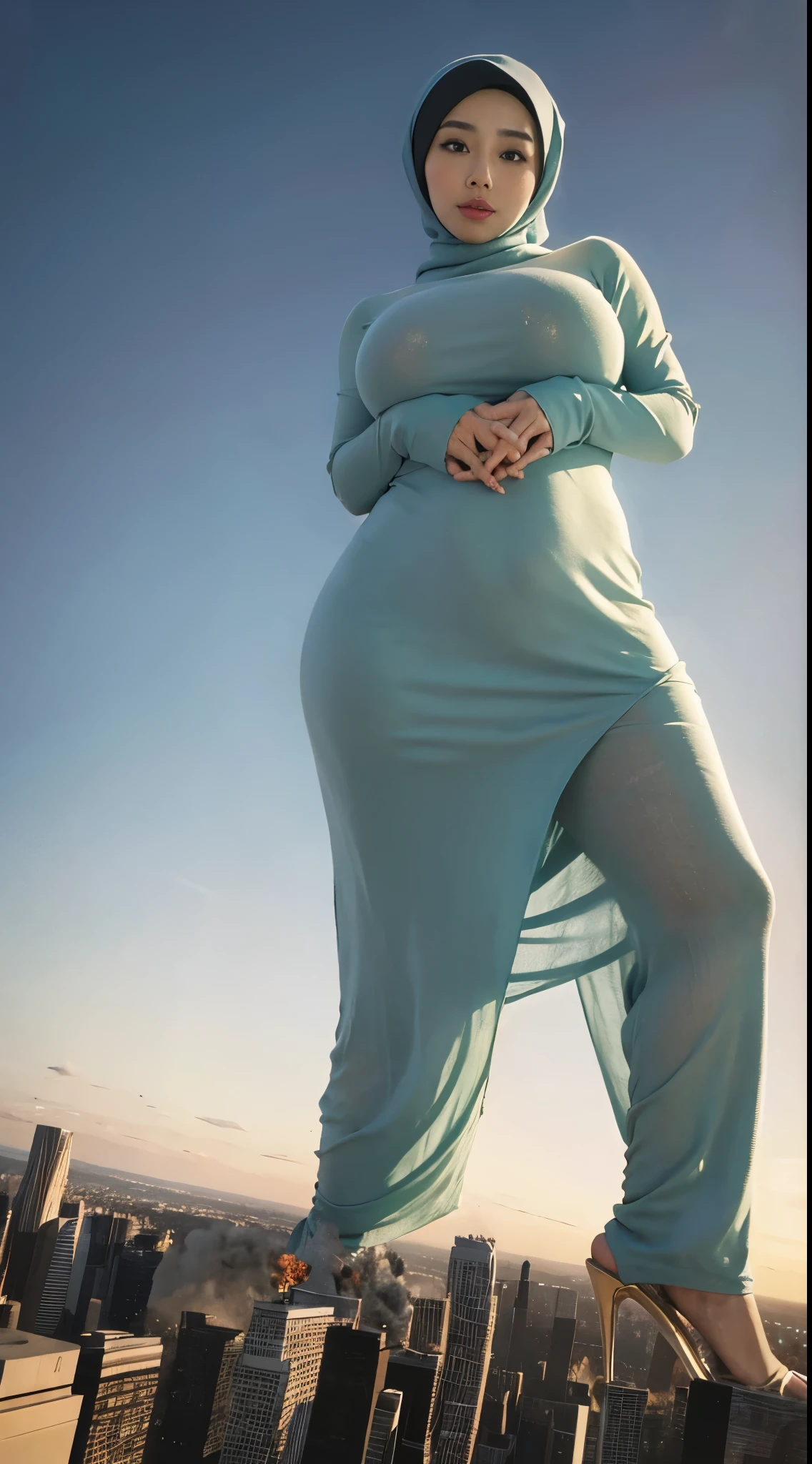 RAW, Best quality, high resolution, masterpiece: 1.3), beautiful Malay woman in hijab,Masterpiece, perfect slim fit body, (Huge breast), Massive Gigantic Round Tits : 196.9, big gorgeous eyes, Soft smile, Delicate turtleneck print peplum dress, necklace, shairband, Excellent lighting, Bright colors, Clean lines, mega giantess, Asian, standing, high heels,, skyscrapers, city destruction, collapsing buildings, fire, smoke, explosions, dust explosions, gray tint, clear sky, view from below, looking down at the viewer