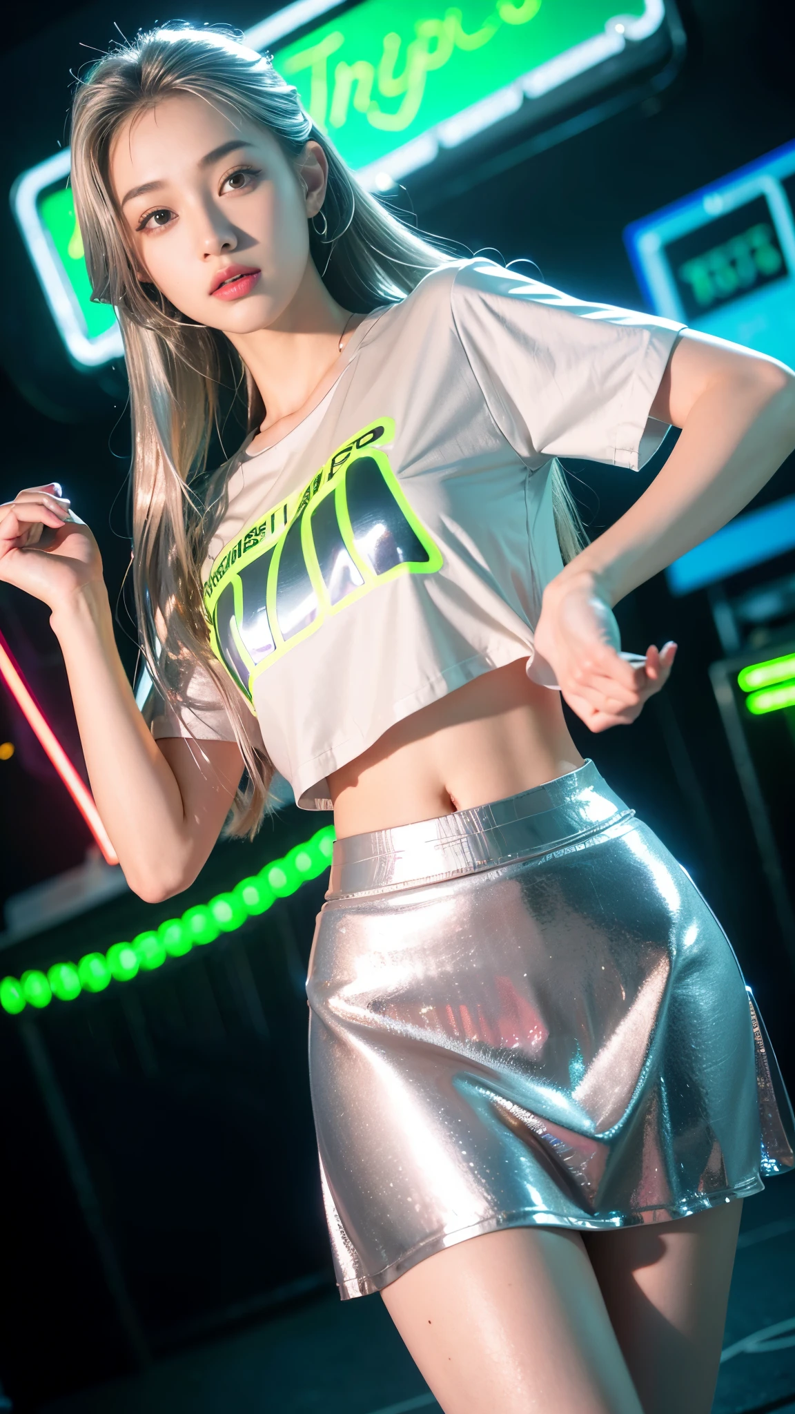 8K, ultra HD, masterpiece, 1 girl, good face, loong hair, detailed eyes, detailed lips, (perfect beautiful Curved figure), (plated sports t-shirt:1.5), (silver color:1.5), (plated skirt:1.5), computer graphics room, (neon lights:1.5), LED screen, ground reflection, dark room, RTX4090, upper body,