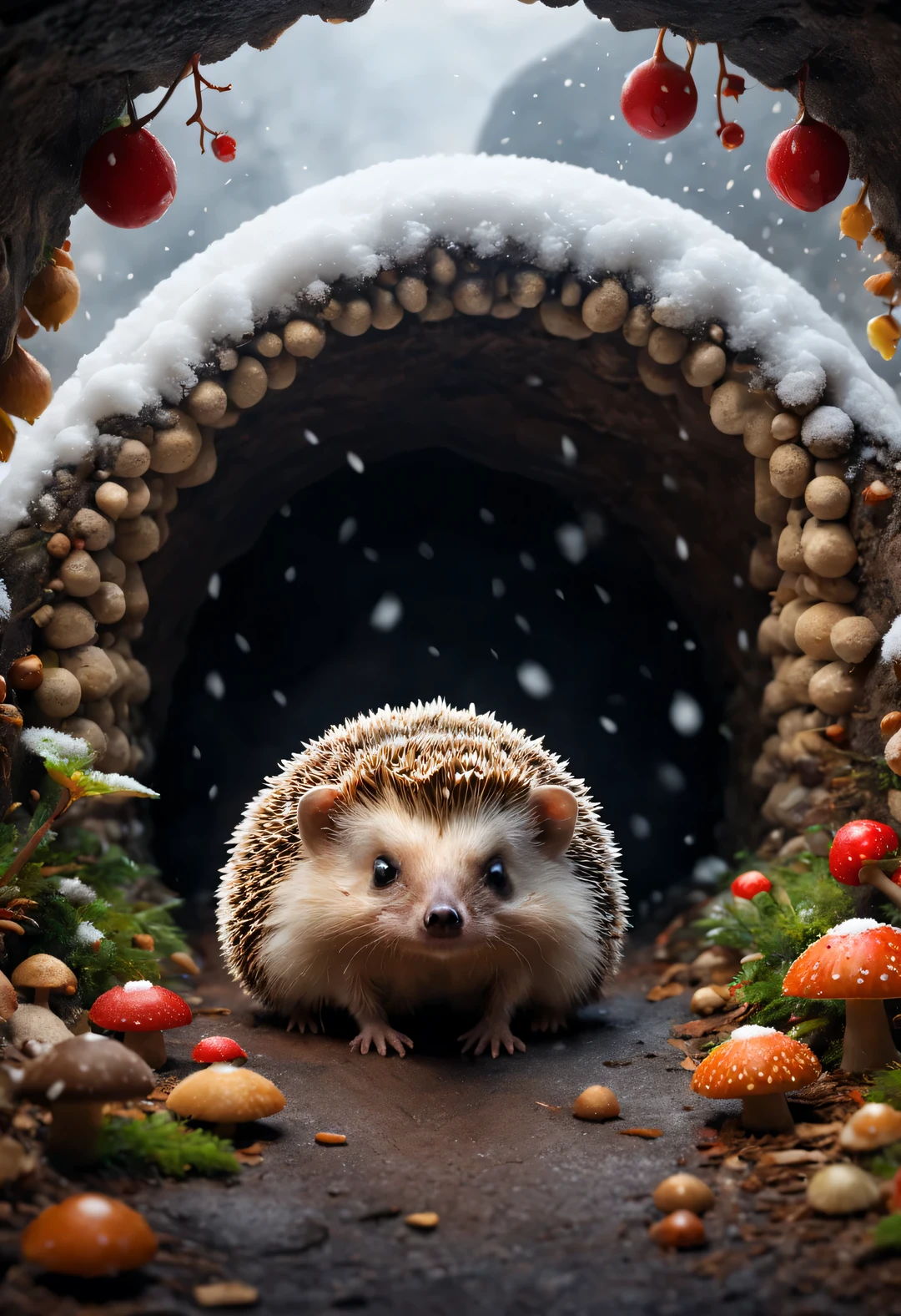 Combination art style, Beautiful detailed,(Cute little hedgehog standing at the entrance of the cave, Stretch out your little head and look at it warily.) nuts, mushroom, fruit, very cute. background: It snowed heavily,background:(snow covered cave entrance),