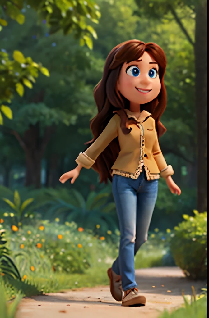 woman pixar, 35 ans , smile , brown and long  hair , blue eye, landscape forest