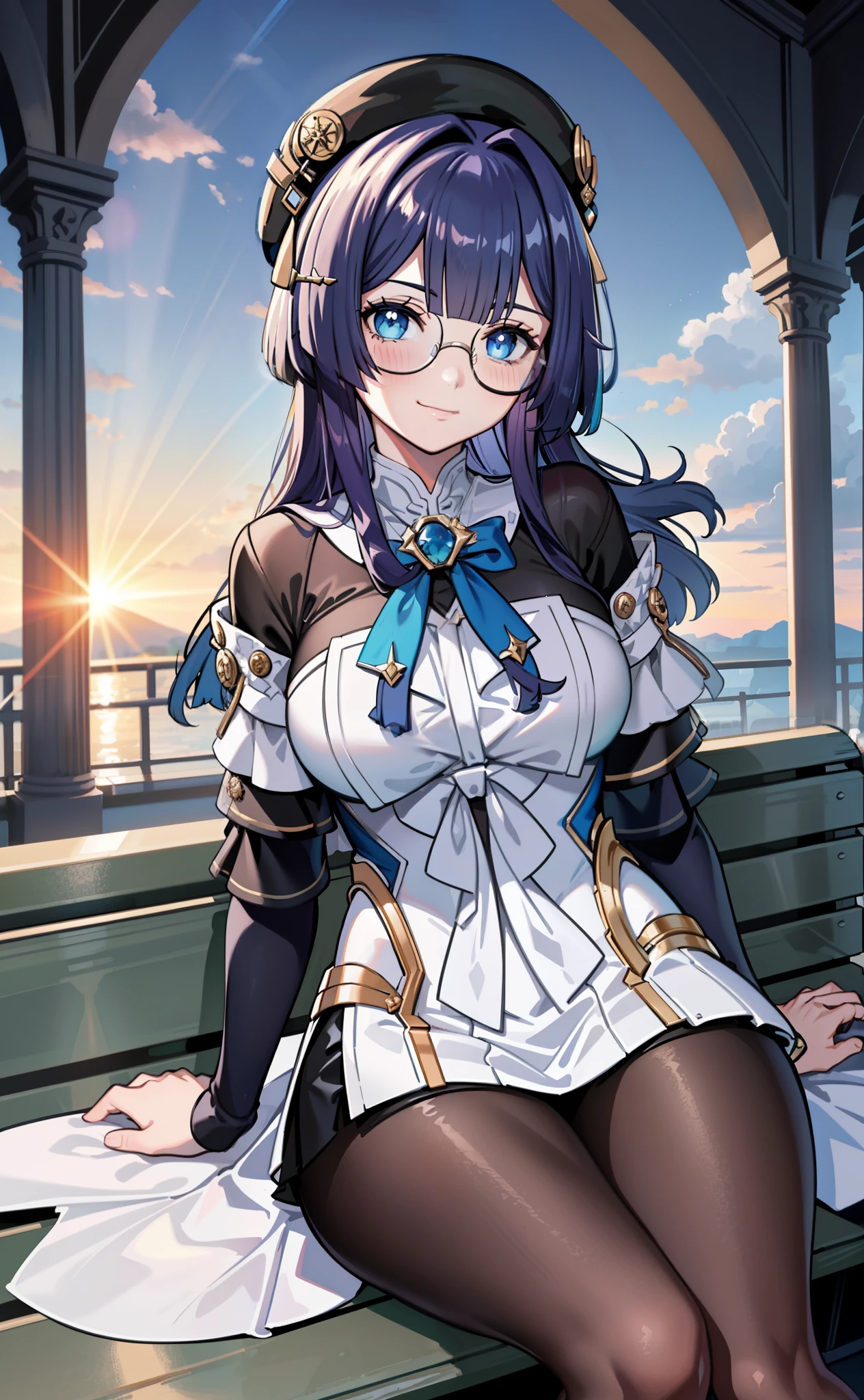 [pelaV4], ((masterpiece)), ((HD)), ((high res)), ((solo portrait)), ((front view)), ((beautiful render art)), ((anime)), ((detailed shading)), {woman; (cute blue eyes, short eyelashes, short blue hair, (curvy hips), (beautiful legs), (blushing), (cute smirk)}, {(knight uniform), (short white dress), (see-through pantyhose), (round glasses on face), (black hat)}, {(sitting on bench), (looking at viewer)}, [Background; (courtyard), (sunrise), (sun rays), (ambient lighting)]