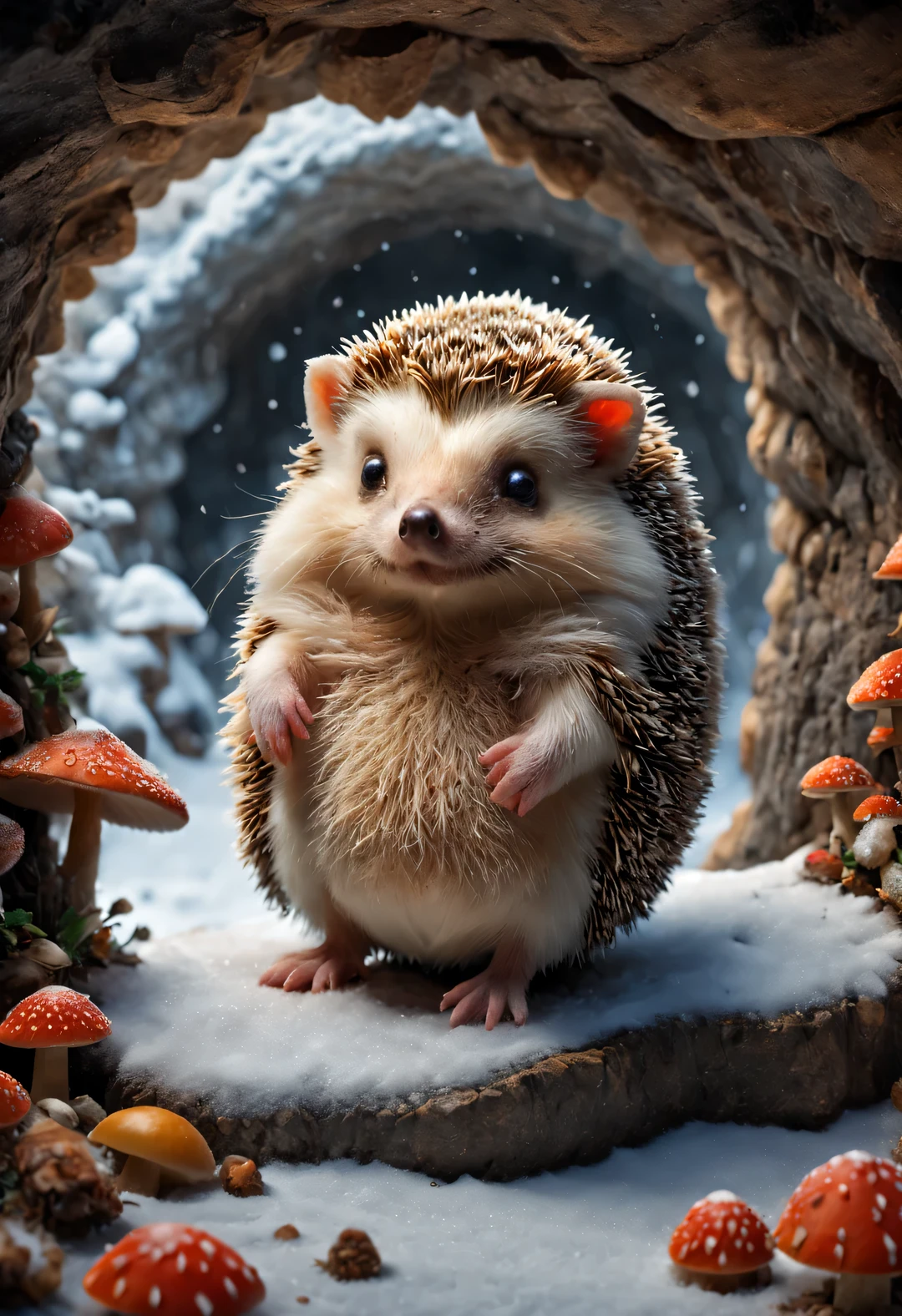 Combination art style, Beautiful detailed,(Cute little hedgehog standing at the entrance of the cave, Stretch out your little head and look at it warily.) nuts, mushroom, fruit, very cute. background: It snowed heavily,background:(snow covered cave entrance),