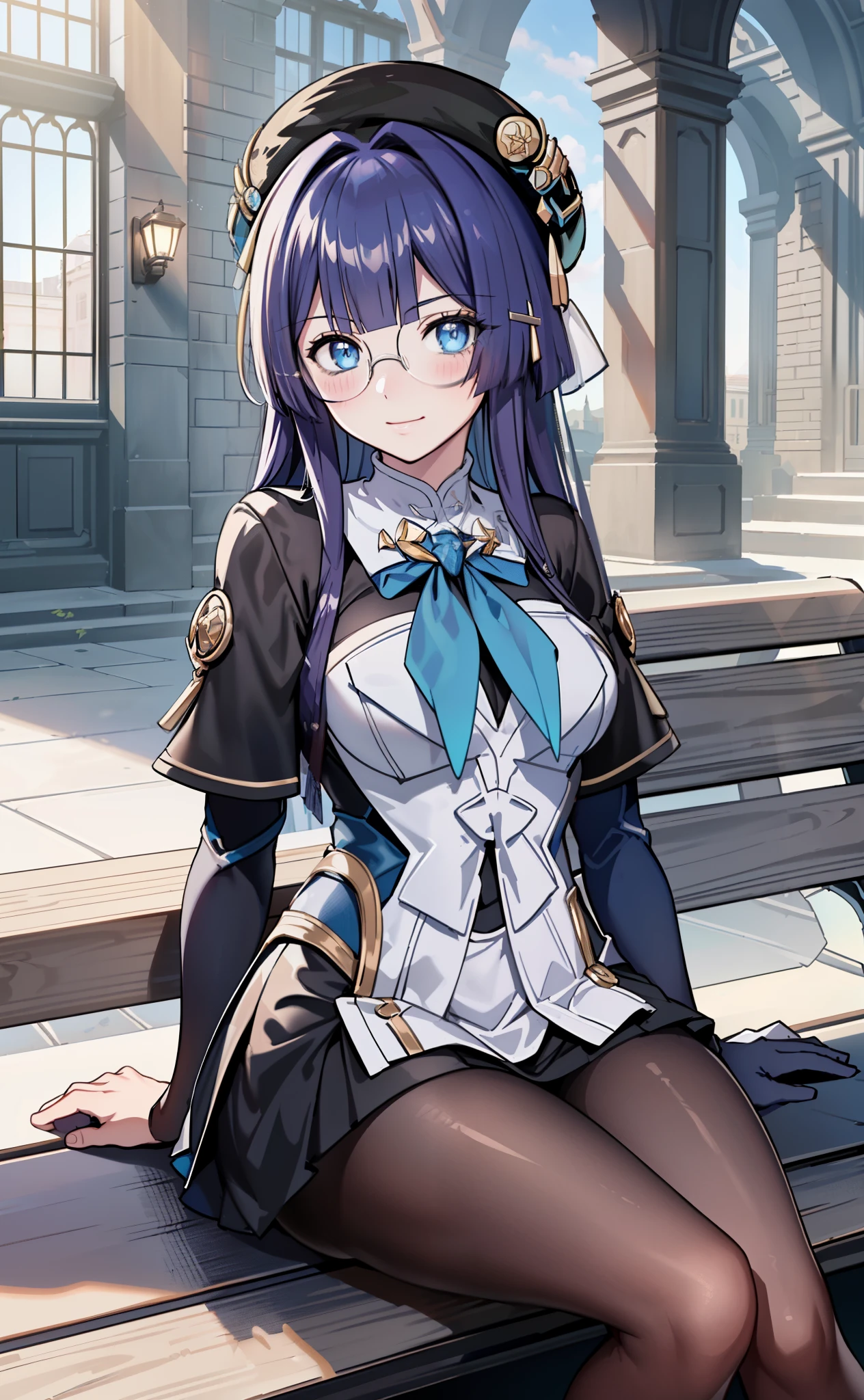 [pelaV4], ((masterpiece)), ((HD)), ((high res)), ((solo portrait)), ((front view)), ((beautiful render art)), ((anime)), ((detailed shading)), {woman; (cute blue eyes, short eyelashes, short blue hair, (curvy hips), (beautiful legs), (blushing), (cute smirk)}, {(knight uniform), (short white dress), (see-through pantyhose), (round glasses on face), (black hat)}, {(sitting on bench), (looking at viewer)}, [Background; (courtyard), (sunrise), (sun rays), (ambient lighting)]