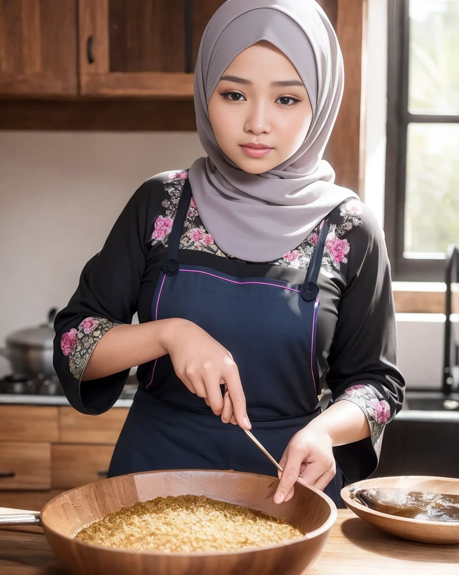 a malay woman aged 42, beautiful detailed eyes, beautiful detailed lips, long eyelashes, wearing hijab, pastel color floral abaya, half body, masterpiece:1.2,perfect fingers, perfect body, struggling cooking alone in the traditional kitchen in a malay village house, vibrant colors, soft lighting, bokeh, realistic skin, skin pores, at night, dark and gloomy, wearing cute apron