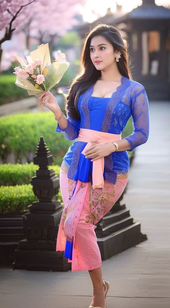(((A Balinese sexy Girl holding a bouquet of pink cherry blossoms))),(8k, RAW photo, best quality, work:1.3), (realistic, photo-realistic:1.37),1girl,cute,city view,night,rain,wet,professional lighting,photon mapping , radiosity, Physically based rendering, gradient black hair, long straight hair, beautiful, feminine, set of white balls, excellent image quality, high resolution, 1080p, (((clear face))), (detailed face description), (description detailed hands), ((( masterpiece))), (exquisite CG), extreme light and shadow, messy hair, masterpiece, rich details, (exquisite facial features), (highest image quality), (masterpiece), (detailed eyes), look forward to your eyes, delicate collarbone, (((blue_kebaya_bali))),(non NSFW),(Full Body),(cute face:1.5),(huge breasts:1.2),high-heels,big hips, medium thighs,blue_kebaya_bali,breasts slightly exposed,cleavage of the breast,lipgloss,Lace,