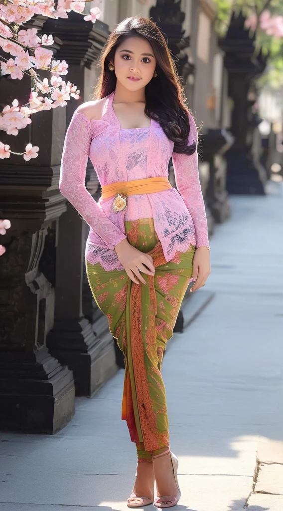 (((A Balinese sexy Girl holding a bouquet of pink cherry blossoms))),(8k, RAW photo, best quality, work:1.3), (realistic, photo-realistic:1.37),1girl,cute,city view,night,rain,wet,professional lighting,photon mapping , radiosity, Physically based rendering, gradient black hair, long straight hair, beautiful, feminine, set of white balls, excellent image quality, high resolution, 1080p, (((clear face))), (detailed face description), (description detailed hands), ((( masterpiece))), (exquisite CG), extreme light and shadow, messy hair, masterpiece, rich details, (exquisite facial features), (highest image quality), (masterpiece), (detailed eyes), look forward to your eyes, delicate collarbone, (((blue_kebaya_bali))),(non NSFW),(Full Body),(cute face:1.5),(huge breasts:1.5),high-heels,big hips, medium thighs,blue_kebaya_bali,breasts slightly exposed,cleavage of the breast,lipgloss,Lace,
