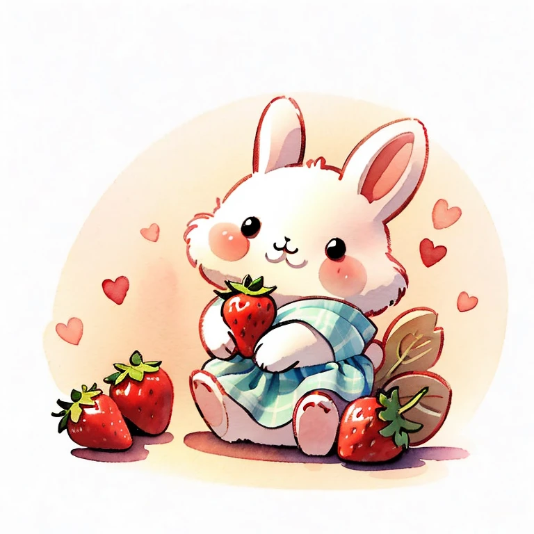 Rabbit holding strawberry，watercolor，cute