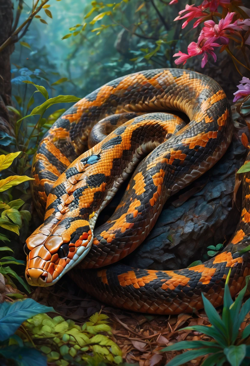 Hibernating snake, home, panoramic, Ultra high saturation, bright and vivid colors, intricate, (best quality, masterpiece, Representative work, official art, Professional, 8k)