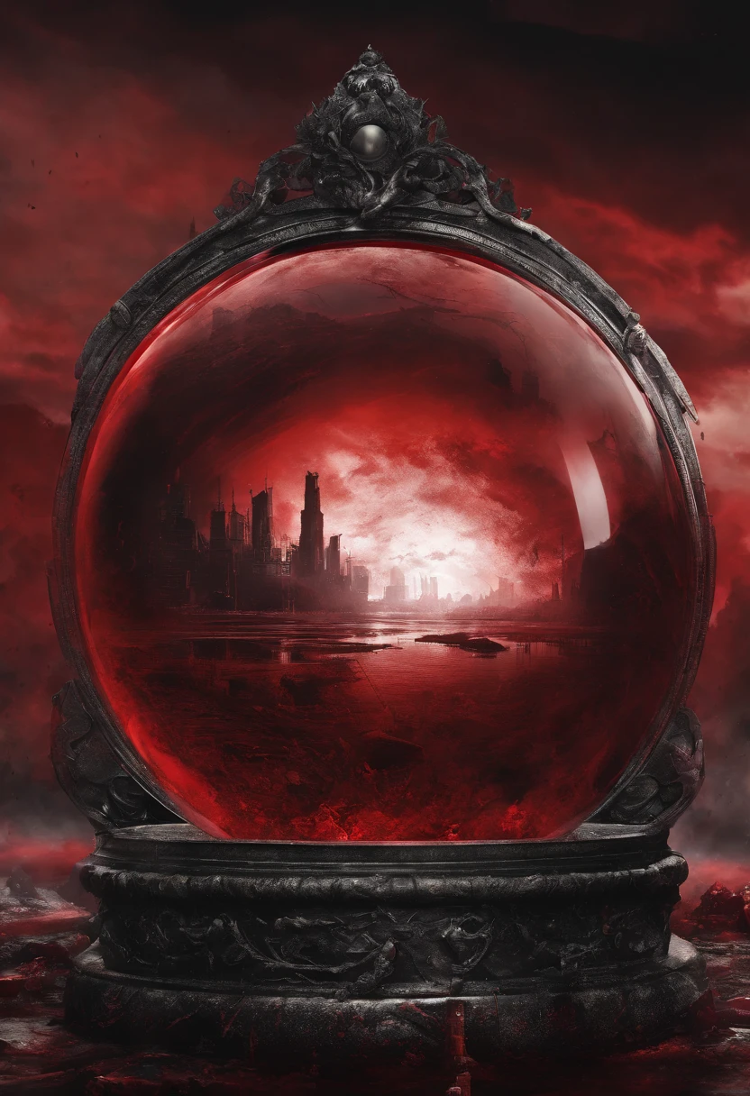 red crystal ball,coin,wicked,Blood fog,bloodshot eyes,Dark and moody colors, High resolution artwork, Photorealistic style