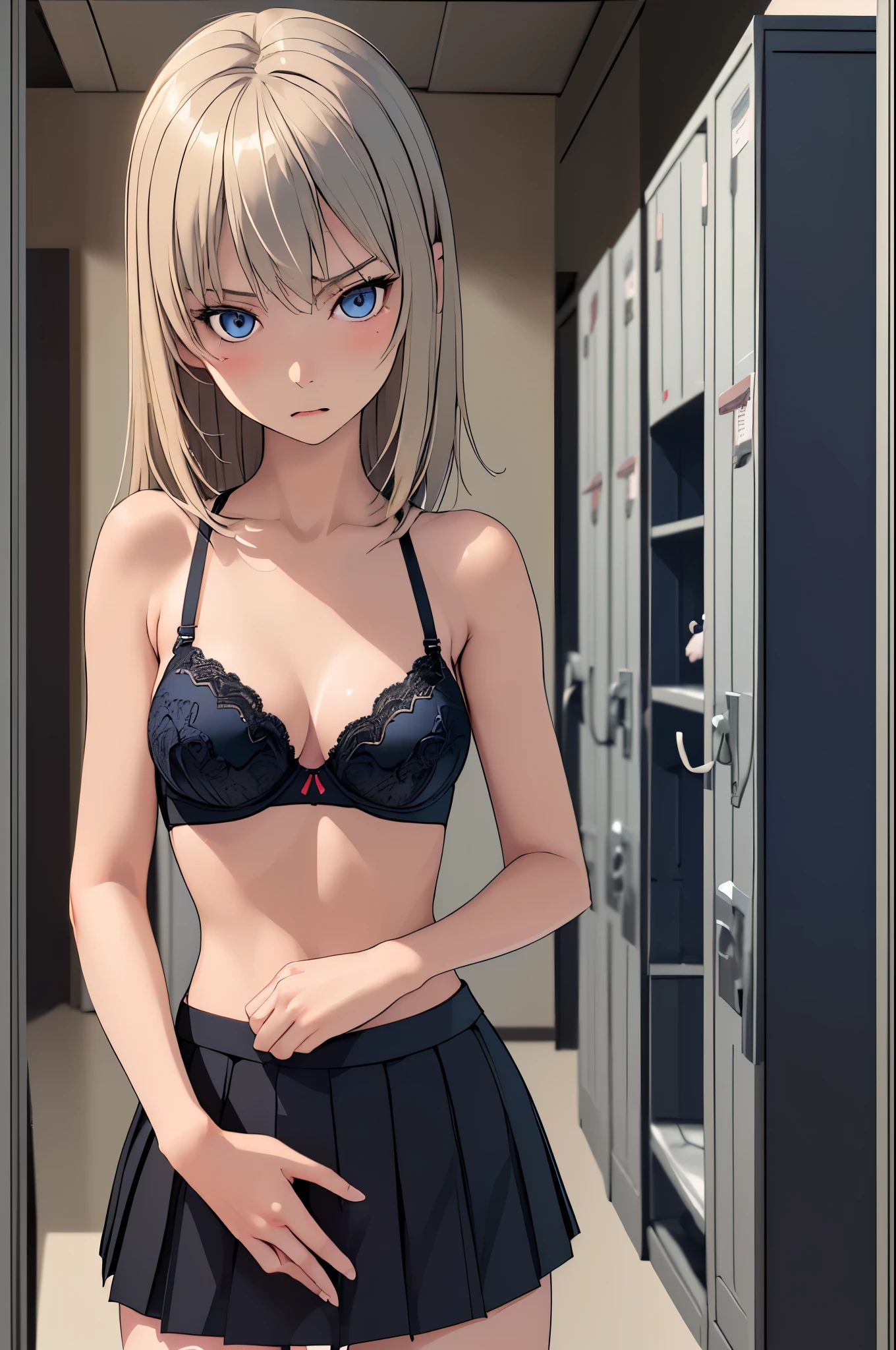 masterpiece, best quality, Itsumi Erika, 1girl, ashen blonde hair, blue eyes, solo, medium breasts, naked body, black skirt, sexy black underwear, black bra, standing frontally, pov, looking at viewer, whole body can be seen, expressionless, indoors, locker room, detailed hands, five fingers