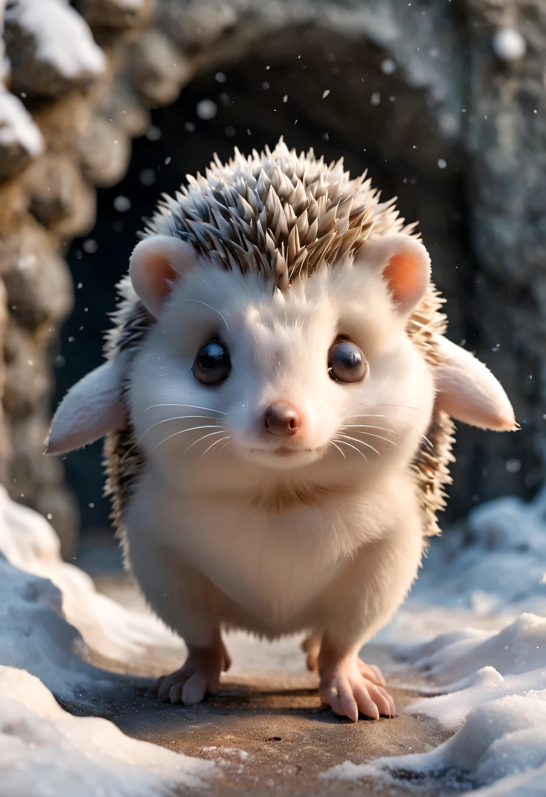 tempera style, castle, seaside, beautiful(Cute little hedgehog standing at the entrance of the cave, Stretch out your little head and look at it warily.) nuts, mushroom, fruit, very cute. background: It snowed heavily,background：（snow covered cave entrance），