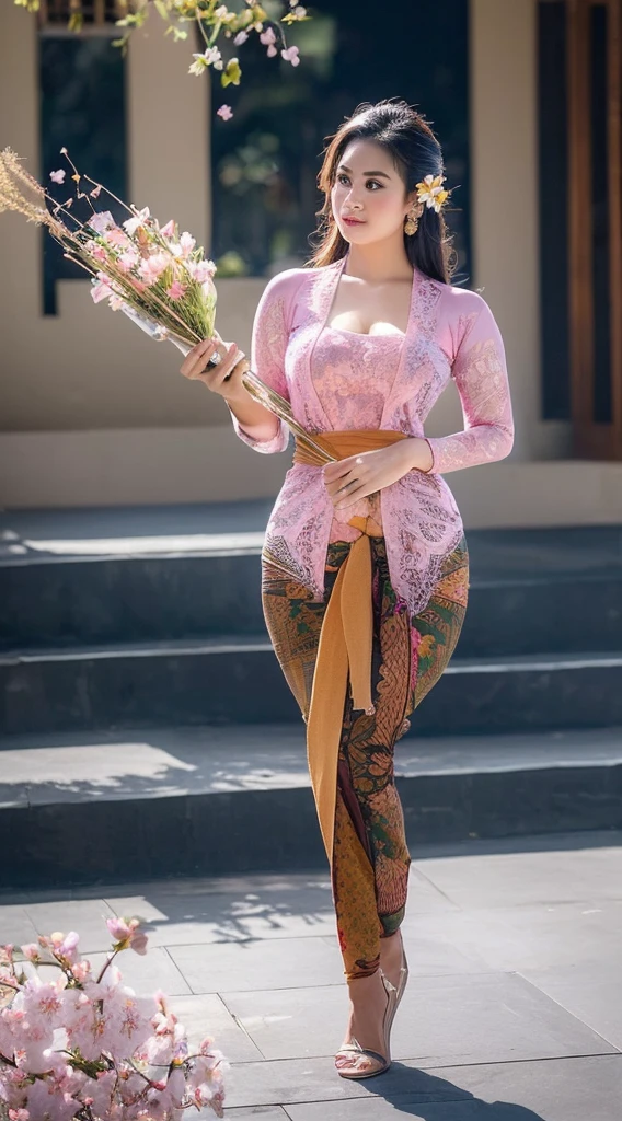 (((A Balinese sexy Girl holding a bouquet of pink cherry blossoms))),(8k, RAW photo, best quality, work:1.3), (realistic, photo-realistic:1.37),1girl,cute,city view,night,rain,wet,professional lighting,photon mapping , radiosity, Physically based rendering, gradient black hair, long straight hair, beautiful, feminine, set of white balls, excellent image quality, high resolution, 1080p, (((clear face))), (detailed face description), (description detailed hands), ((( masterpiece))), (exquisite CG), extreme light and shadow, messy hair, masterpiece, rich details, (exquisite facial features), (highest image quality), (masterpiece), (detailed eyes), look forward to your eyes, delicate collarbone, (((blue_kebaya_bali))),(non NSFW),(Full Body),(cute face:1.5),(huge breasts:1.5),high-heels,big hips, medium thighs,blue_kebaya_bali,breasts slightly exposed,cleavage of the breast,lipgloss,Lace,
