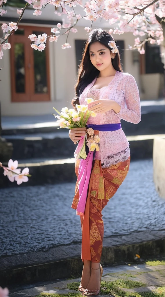 (((A Balinese sexy Girl holding a bouquet of pink cherry blossoms))),(8k, RAW photo, best quality, work:1.3), (realistic, photo-realistic:1.37),1girl,cute,city view,night,rain,wet,professional lighting,photon mapping , radiosity, Physically based rendering, gradient black hair, long straight hair, beautiful, feminine, set of white balls, excellent image quality, high resolution, 1080p, (((clear face))), (detailed face description), (description detailed hands), ((( masterpiece))), (exquisite CG), extreme light and shadow, messy hair, masterpiece, rich details, (exquisite facial features), (highest image quality), (masterpiece), (detailed eyes), look forward to your eyes, delicate collarbone, (((blue_kebaya_bali))),(non NSFW),(Full Body),(cute face:1.5),(huge breasts:1.5),high-heels,big hips, medium thighs,blue_kebaya_bali,breasts slightly exposed,cleavage of the breast,lipgloss,Lace,