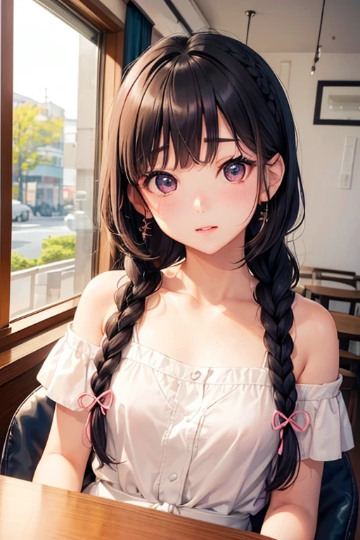 ((Biologically correct limb count))、(( From head to toe、Full-body photo including face))、4K、((Standing position))、masterpiece、((Focus on the face))、((Symmetrical facial features))、Eyes with detailed description、Beautiful woman、Great style、Beautiful arms、Beautiful legs、Beautiful Hands、(Small Ass、Thin thighs)、Facial detailing、Small earrings、necklace、(Shiny Gothic Dress、((High heels、Black Stockings)))、Black Hair、((She is sitting on a chair, holding a fruit parfait and looking up.))、Close-up photo of the upper body