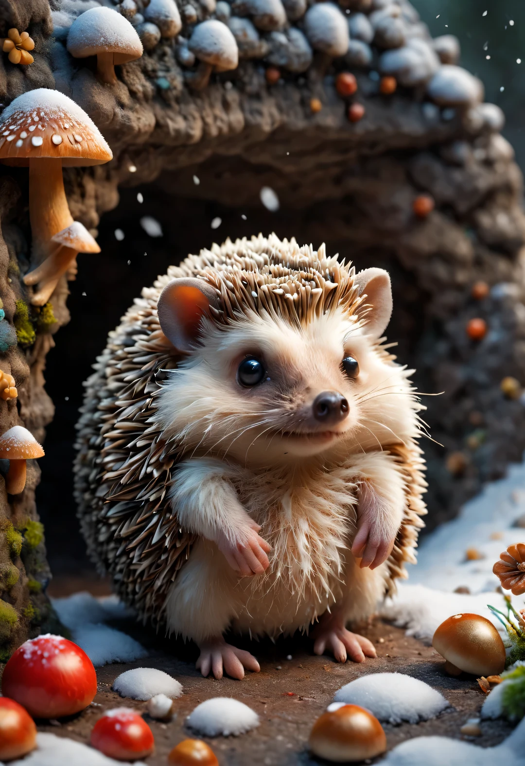 Combination art style, Beautiful detailed,(Cute little hedgehog standing at the entrance of the cave, Stretch out your little head and look at it warily.) nuts, mushroom, fruit, very cute. background: It snowed heavily,background:(snow covered cave entrance),