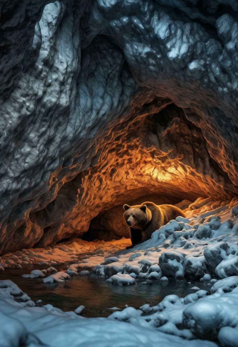 winter cave, Hibernating bear, panoramic, Ultra high saturation, bright and vivid colors, intricate, (best quality, masterpiece, Representative work, official art, Professional, 8k)