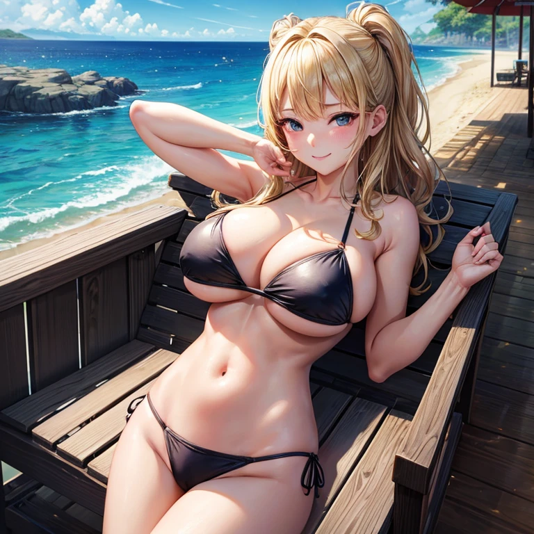 highest quality, masterpiece, blonde、gal、big breasts、tits、swimsuit、Slut、fold your arms、Supports the chest、smug face、sandy beach、crowd