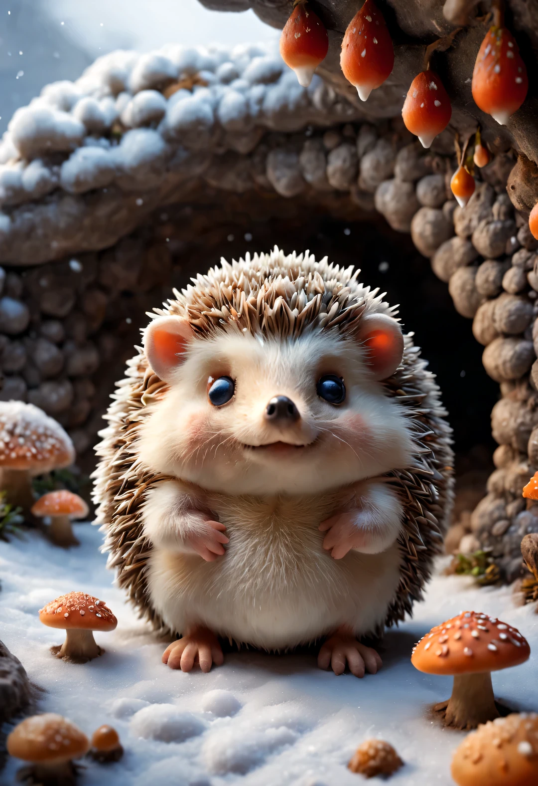 Claymation movie style, Beautiful detailed,(Cute little hedgehog standing at the entrance of the cave, Stretch out your little head and look at it warily.) nuts, mushroom, fruit, very cute. background: It snowed heavily,background:(snow covered cave entrance),