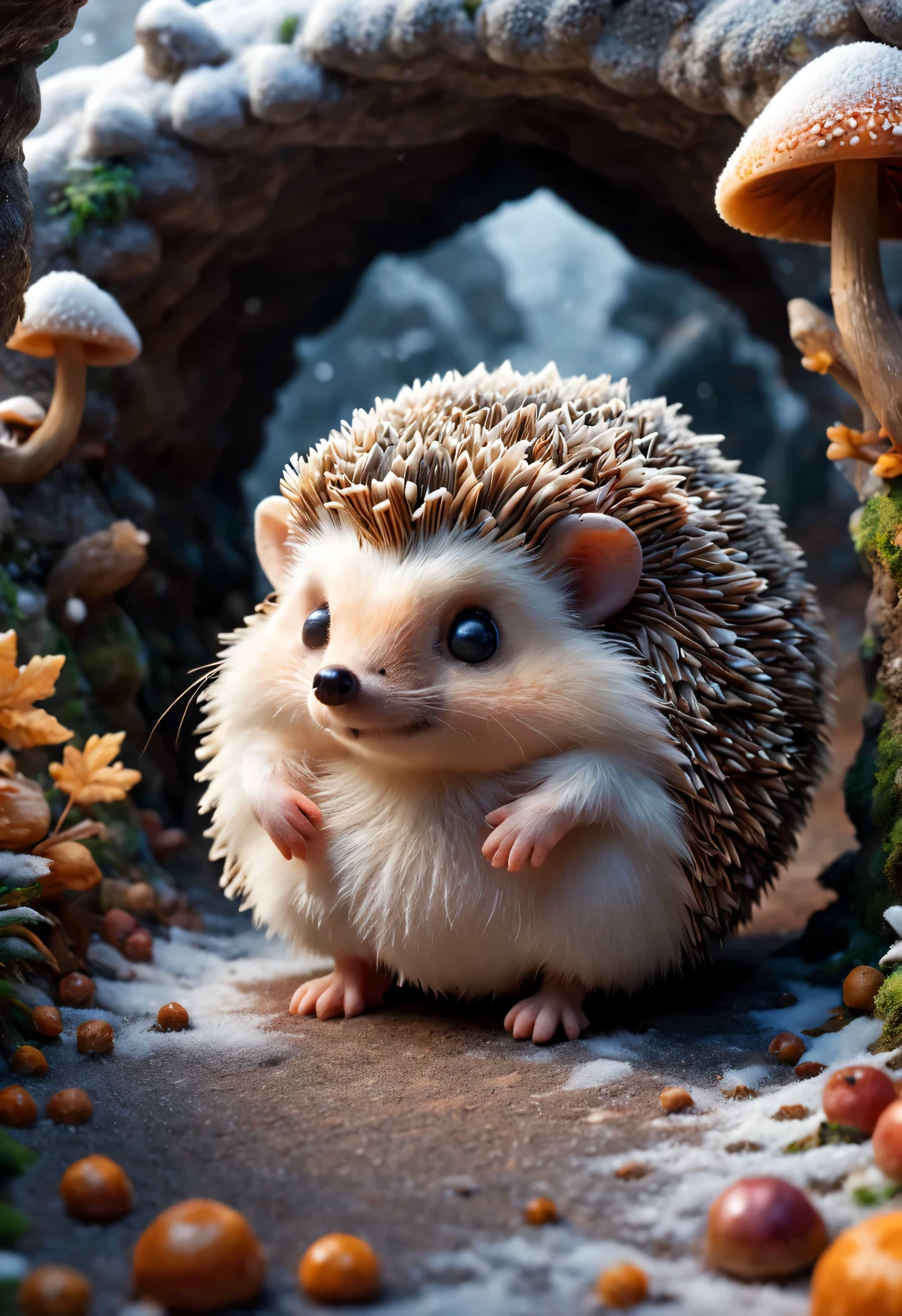 Claymation movie style, Beautiful detailed，(Cute little hedgehog standing at the entrance of the cave, Stretch out your little head and look at it warily.) nuts, mushroom, fruit, very cute. background: It snowed heavily,background：（snow covered cave entrance），