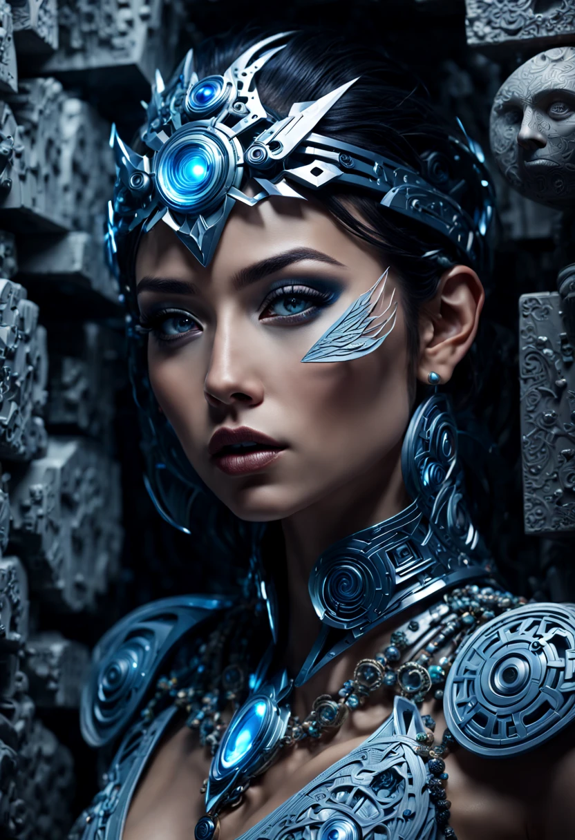 Full body portrait of a bioengineered adorned in rocks carving ornament within a cybernetic maze, features detailed face, sharp eyes, soft skin, inspired by Aaron Horkey and Adonna Khare, captured through the lens of fashion photography, enhanced by cinematic lighting and a mesmerizing Light painting effect, dramatic lighting, bluish UHD drawing., Miki Asai Macro photography, close-up, hyper detailed, trending on artstation, sharp focus, studio photo, intricate details, highly detailed, by greg rutkowski