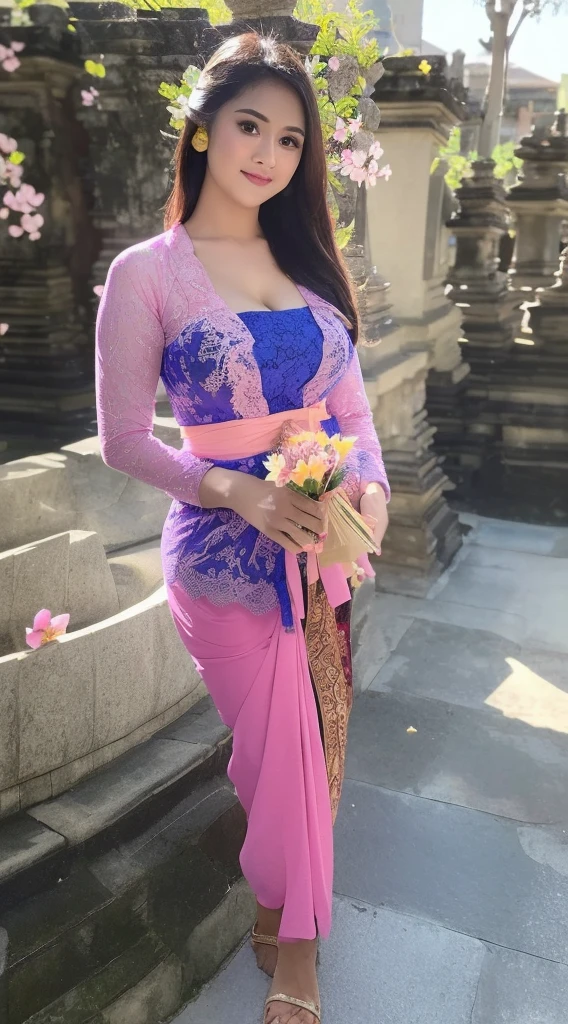 (((A Balinese sexy Girl holding a bouquet of pink cherry blossoms))),(8k, RAW photo, best quality, work:1.3), (realistic, photo-realistic:1.37),1girl,cute,city view,night,rain,wet,professional lighting,photon mapping , radiosity, Physically based rendering, gradient black hair, long straight hair, beautiful, feminine, set of white balls, excellent image quality, high resolution, 1080p, (((clear face))), (detailed face description), (description detailed hands), ((( masterpiece))), (exquisite CG), extreme light and shadow, messy hair, masterpiece, rich details, (exquisite facial features), (highest image quality), (masterpiece), (detailed eyes), look forward to your eyes, delicate collarbone, (((blue_kebaya_bali))),(non NSFW),(Full Body),(cute face:1.5),(huge breasts:1.5),high-heels,big hips, medium thighs,blue_kebaya_bali,breasts slightly exposed,cleavage of the breast,lipgloss,Lace,