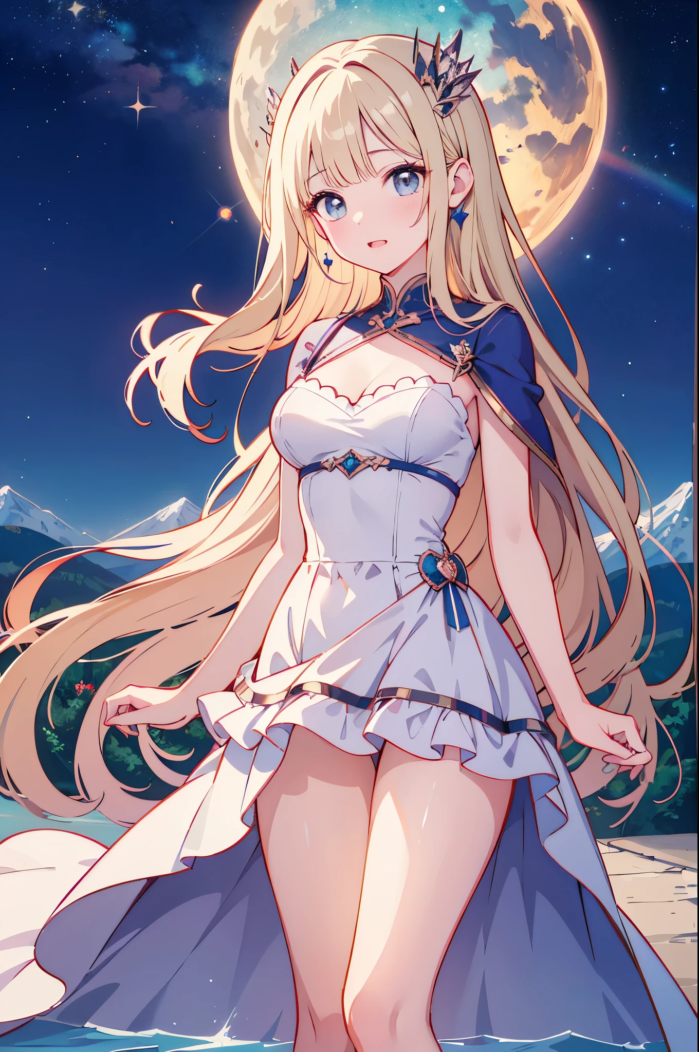 (masterpiece)、(highest quality)、((Super detailed))、(super delicate)、Princess in a naughty dress、platinum blonde、beautiful breasts、Thighs、Gorgeous、lake with mountain view、Fantastic starry sky、Rainbow Ring