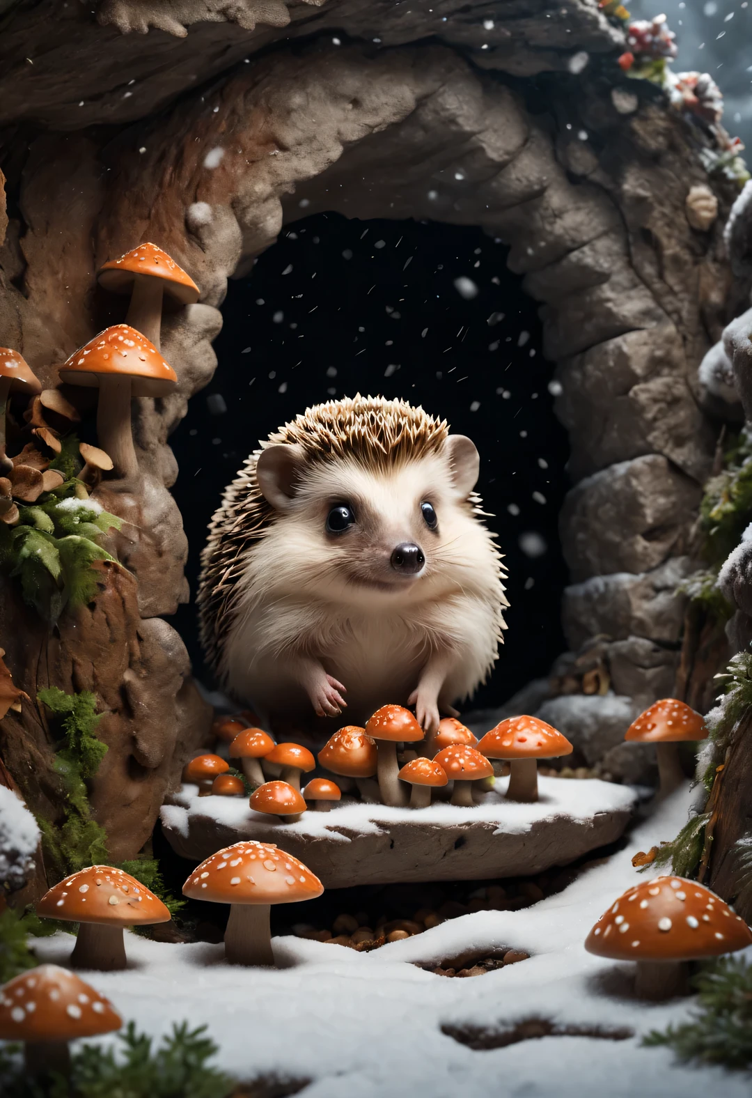 Combination art style, Beautiful detailed，(Cute little hedgehog standing at the entrance of the cave, Stretch out your little head and look at it warily.) nuts, mushroom, fruit, very cute. background: It snowed heavily,background：（snow covered cave entrance），