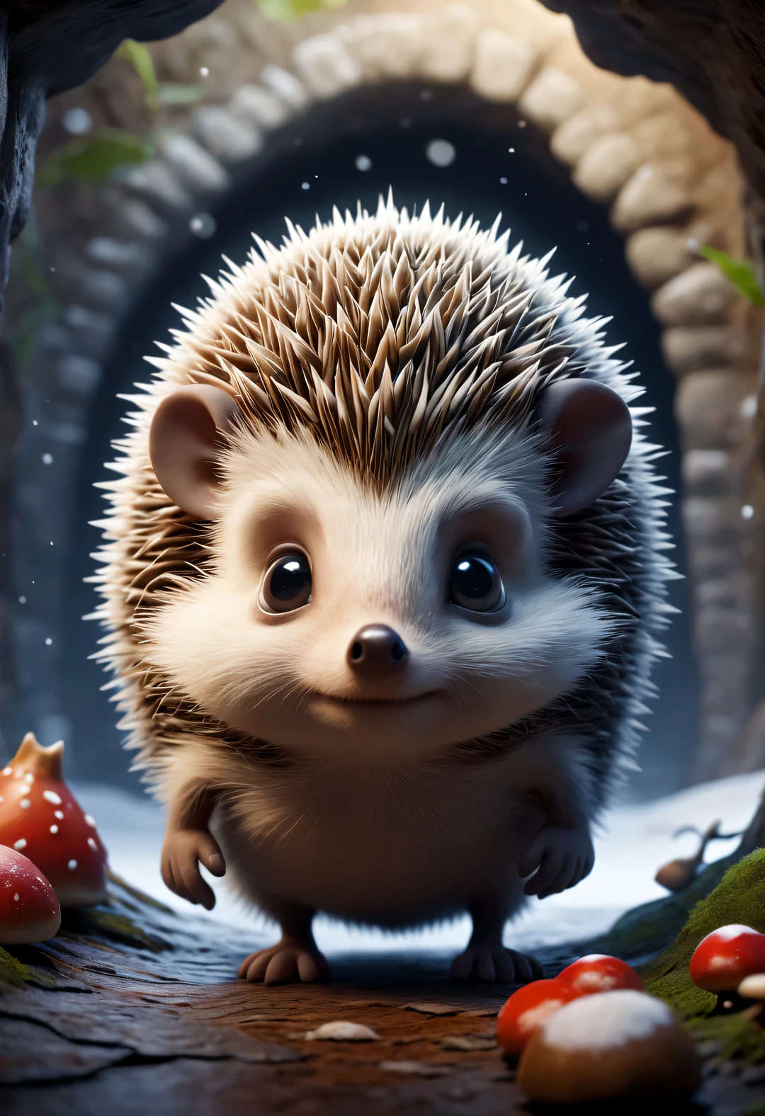 (Cute little hedgehog standing at the entrance of the cave, Stretch out your little head and look at it warily.) nuts, mushroom, fruit, very cute. background: It snowed heavily,background:(Under the snow-covered eaves:0.68),(Big nest covered with snow)
