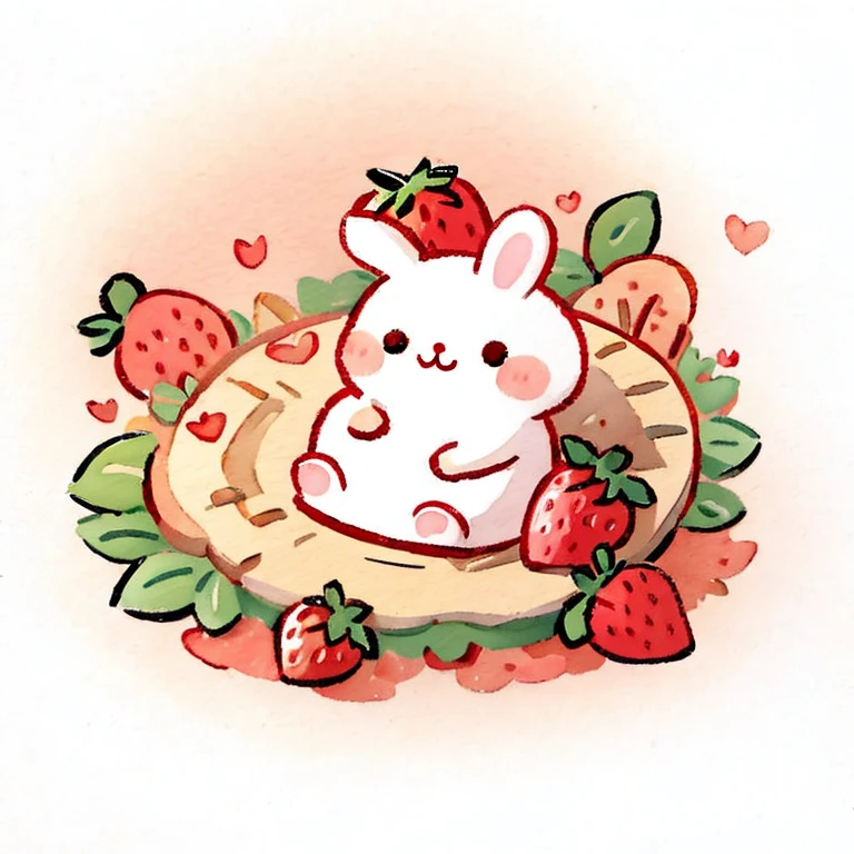 Rabbit lying on strawberry，watercolor，cute