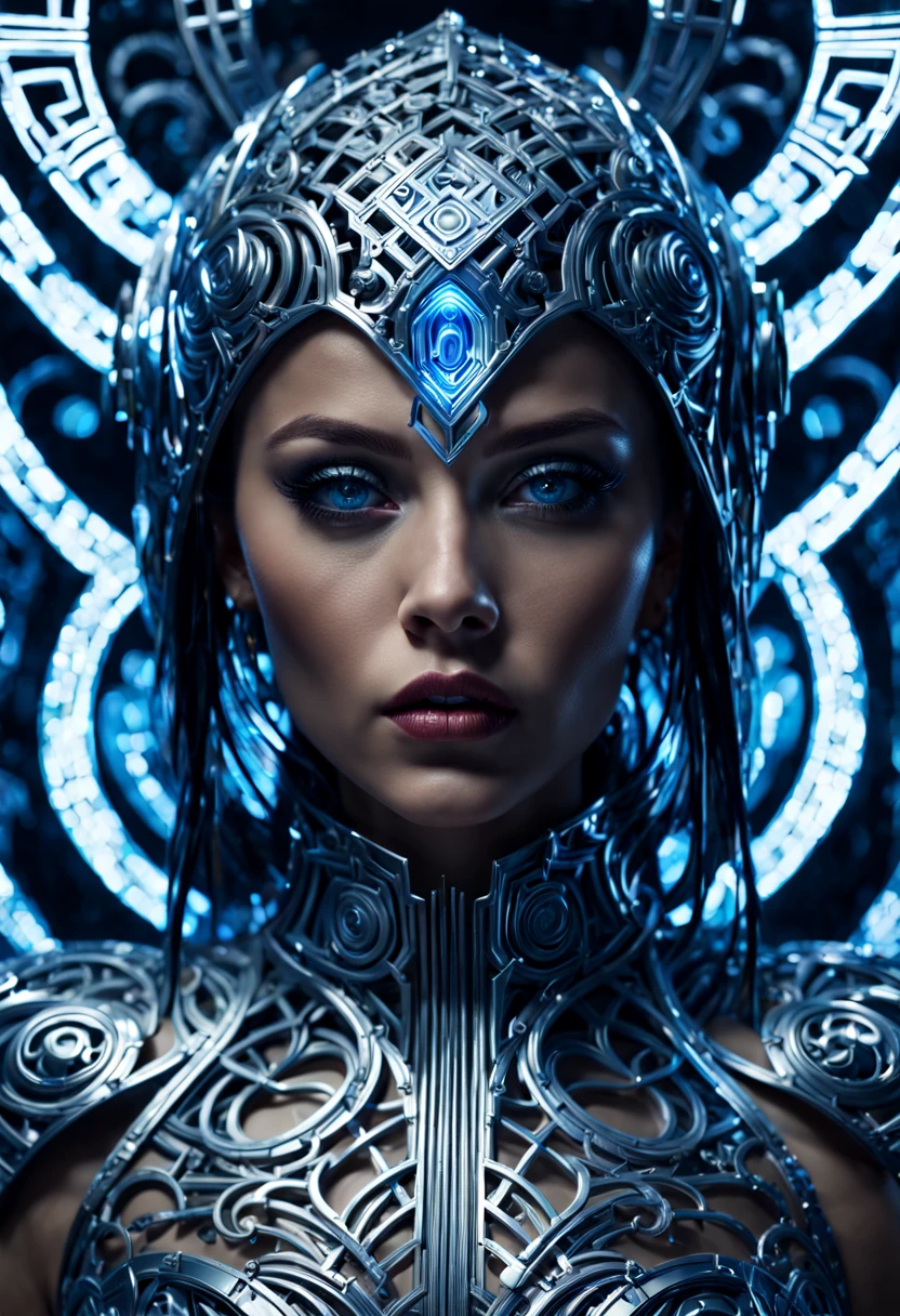 Full body portrait of a bioengineered adorned in diamond carving ornament within a cybernetic maze, features detailed face, sharp eyes, soft skin, inspired by Aaron Horkey and Adonna Khare, captured through the lens of fashion photography, enhanced by cinematic lighting and a mesmerizing Light painting effect, dramatic lighting, bluish UHD drawing., Miki Asai Macro photography, close-up, hyper detailed, trending on artstation, sharp focus, studio photo, intricate details, highly detailed, by greg rutkowski