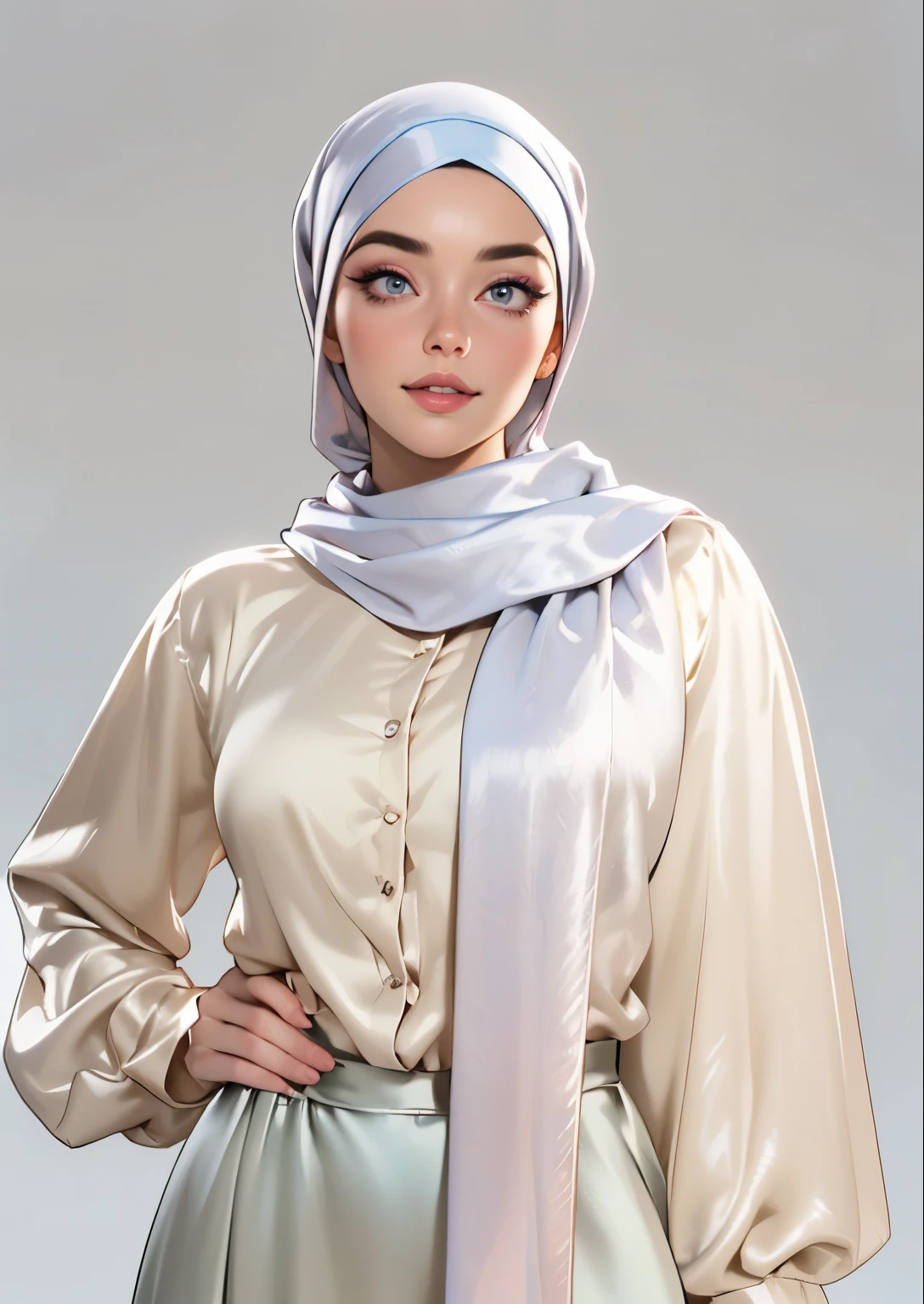 3dmm style, (Masterpiece), realistic, best quality, best lighting, extremely detailed artgerm, style artgerm, beautiful mature woman, 1 girl photo solo, beautifully makeup, eyeshadow, Parted Lips, Detailed Eyes, ((beautiful big eyes)), long eye lashes, dimples on the cheeks, smile, wearing silk turban hijab, ((Dark blue satin hijab)), loosely tide hijab style, shining silk, satin, blue satin, ((Blue satin shirt and satin long skirt)), (Close-up portrait), Front view, Standing Symmetric Centre, facing the viewer, passports photo, gray background.