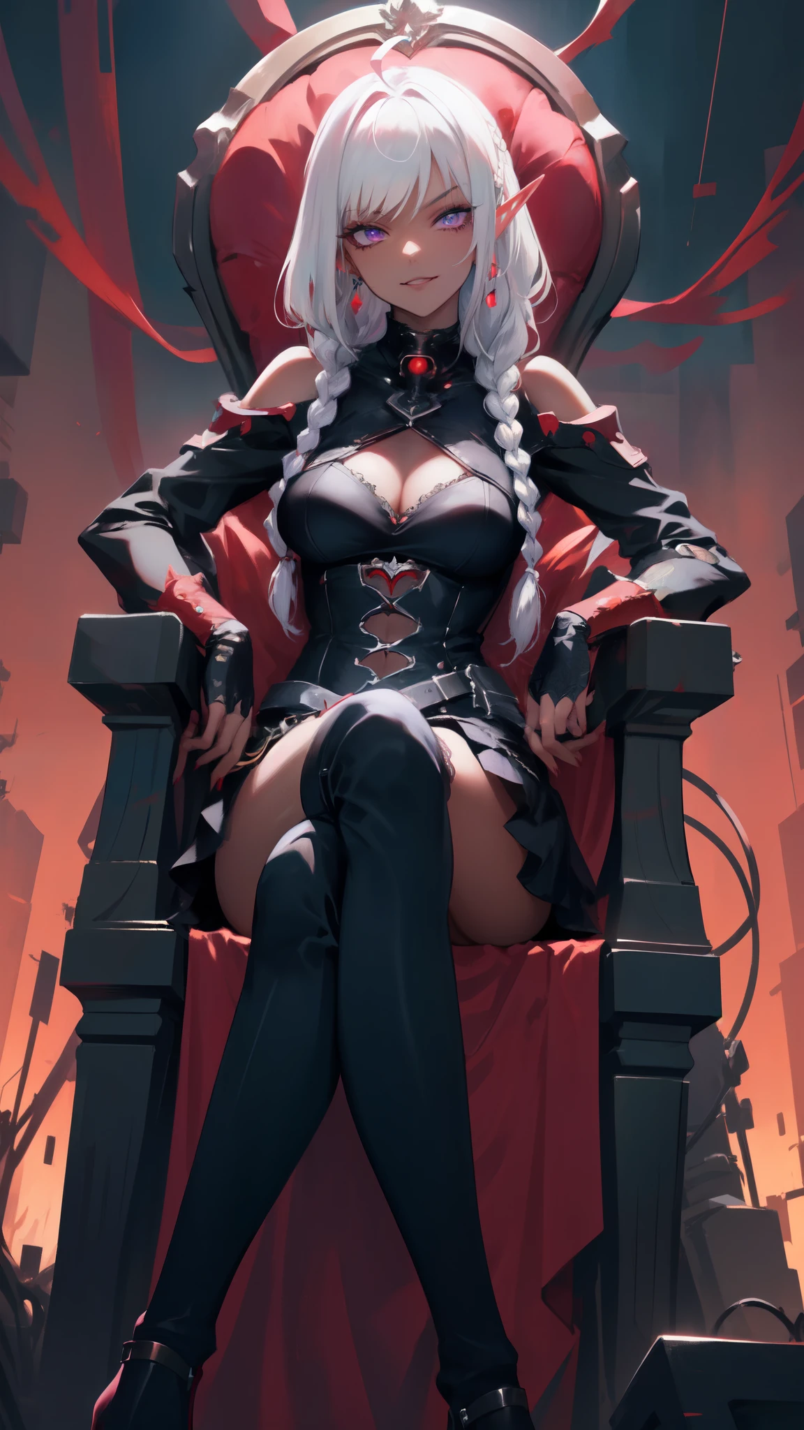 ((masterpiece)), (top quality), (best quality), ((ultra-detailed, 8k quality)), Aesthetics, Cinematic lighting, (detailed line art), absurdres, (best composition), (high-resolution), Beautiful digital artwork, Exquisite digital illustration, (best composition),
BREAK,
Delicate bloody throne, huge red moon, cyberpunk demon queen dark elf, evil, playful, sitting on throne, crossed legs, atmospheric perspective, mystical, fanatic, intricate, surreal, delicate, wearing cyberpunk techwear (gothic_lolita cyberpunk style:1.2), high heels, black lace legwear, cyberpunk style, CircuitBoard AI,
BREAK,
highly detailed of (dark elf), (1girl), solo, perfect face, details eye, ahoge, hair loop, white shining hair, (braided bangs:1.3), ( violet eyes), shining eyes, (beautiful detailed eyelashes, eyeshadow, pink eyeshadow), ((glaring, evil smile)), design art by Mikimoto Haruhiko, by Kawacy, By Yoshitaka Amano,
BREAK,
((perfect anatomy)), perfect body, Abs, medium breast, perfect hands, perfect face, beautiful face, beautiful eyes, perfect eyes, (perfect fingers, deatailed fingers), correct anatomy, perfect legs, (dark skin:1.2)