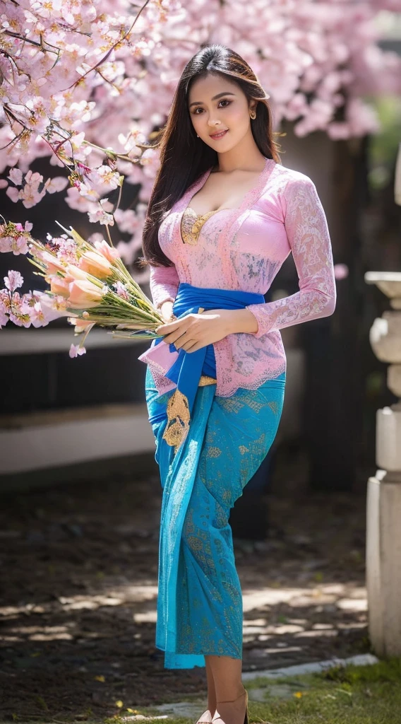 (((A Balinese sexy Girl holding a bouquet of pink cherry blossoms))),(8k, RAW photo, best quality, work:1.3), (realistic, photo-realistic:1.37),1girl,cute,city view,night,rain,wet,professional lighting,photon mapping , radiosity, Physically based rendering, gradient black hair, long straight hair, beautiful, feminine, set of white balls, excellent image quality, high resolution, 1080p, (((clear face))), (detailed face description), (description detailed hands), ((( masterpiece))), (exquisite CG), extreme light and shadow, messy hair, masterpiece, rich details, (exquisite facial features), (highest image quality), (masterpiece), (detailed eyes), look forward to your eyes, delicate collarbone, (((blue_kebaya_bali))),(non NSFW),(Full Body),(cute face:1.5),(huge breasts:1.6),high-heels,(big hips:1.4), (medium thighs:1.23),blue_kebaya_bali,breasts slightly exposed,cleavage of the breast,lipgloss,Lace,
