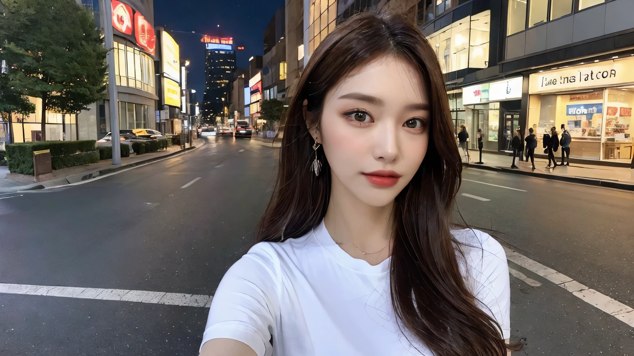 (highest quality, High resolution, masterpiece :1.3), Beautiful woman, slender body shape, dark brown hair, T-shirt, (Street in city at night), Highly detailed face and skin texture, fine eyes, double eyelid