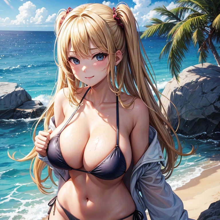 highest quality, masterpiece, blonde、gal、big breasts、tits、swimsuit、exposed、Slut、fold your arms、Supports the chest、smug face、sandy beach、crowd