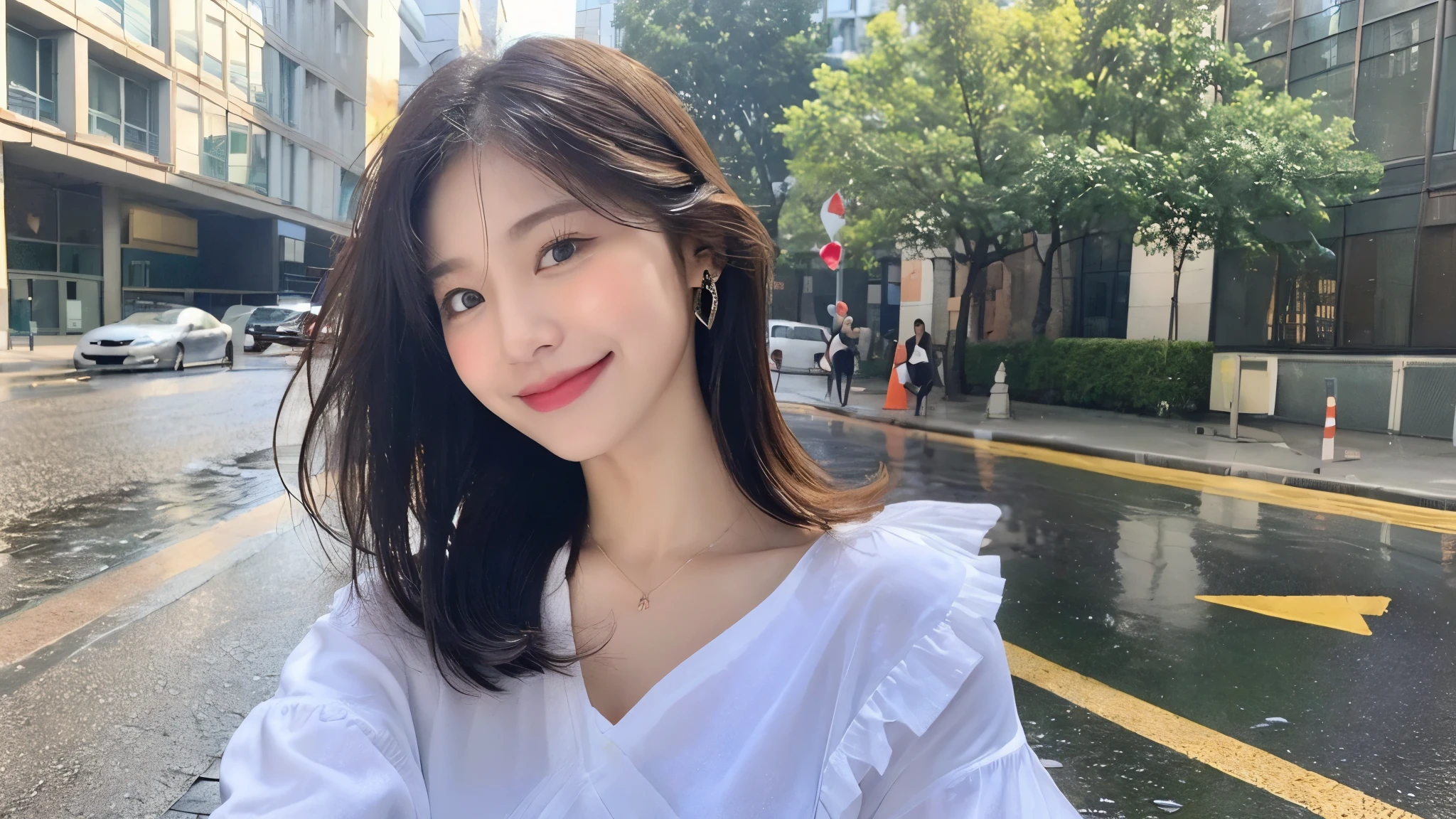 (((1girl :1.5))), ((Best Quality, 8K, Masterpiece:1.3)), Focus: 1.2, Perfect Body Beauty: 1.4, Buttocks: 1.2, ((Layered Haircut, Breasts: 1.2)), (Wet Clothes: 1.1), (Rain, Street:1.3), Bandeau Dress: 1.1, Highly Detailed Face and Skin Texture, Fine Eyes, Double Eyelids, Whitening Skin, Long Hair, (Shut Up: 1.3), Smile