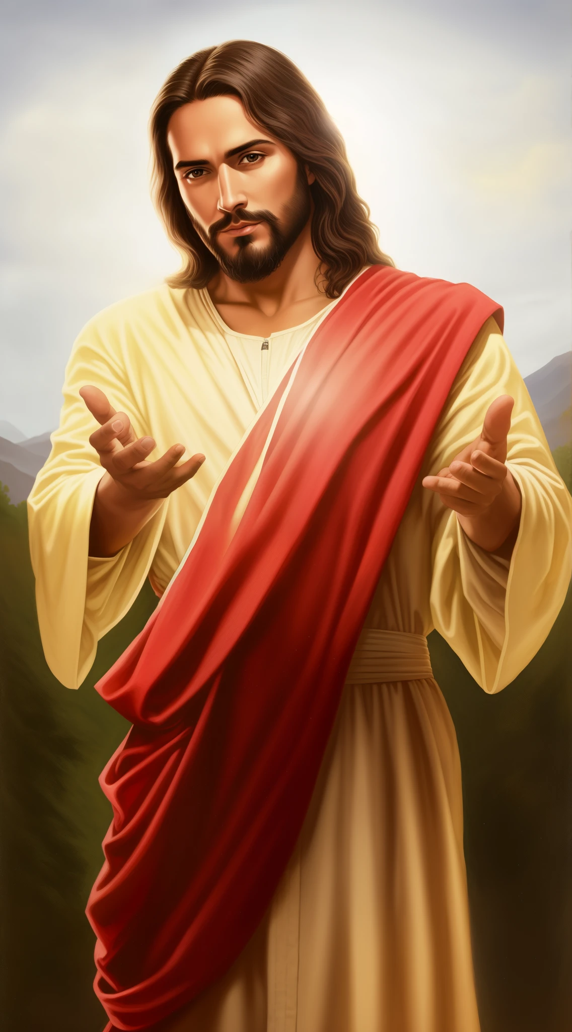 Jesus with a red robe and a red shaw, he is greeting you warmly, Jesus christ, dressed like Jesus christ, o senhor e salvador, Jesus christ going super saiyan, ! holding in his hand !, Jovem Deus Todo-Poderoso, your open arms, Jesus of nazareth, on his right hand, Jesus, black Jesus, Rei dos Reis, Jesus christ in mass effect