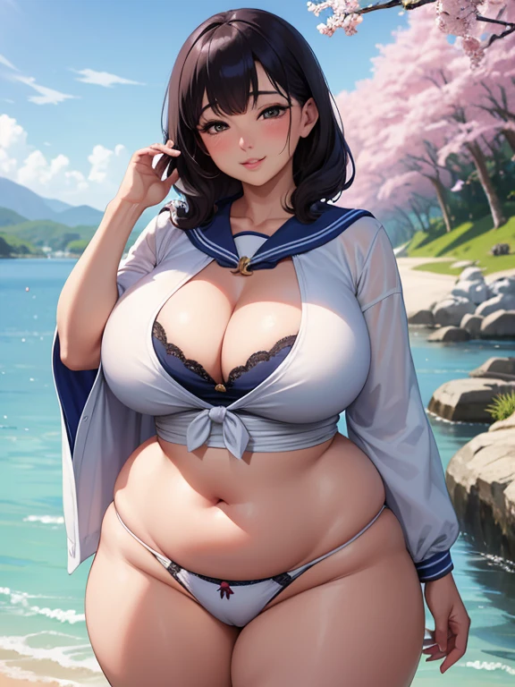 8k wallpaper, masterpiece, highest quality, Super detailed, 30~40 years, mature woman, beautiful mature woman,  sailor suit, highly exposed, Peeking through underwear, exposed pubic hair, skin dents, enchanting smile, thick lips, Chubby lips,  blush, looking at the viewer, different chest sizes, each with a different hairstyle, cleavage, Plump、Curvaceous、huge hips、attractive face、naughty face, bbw, big ass,big breasts,