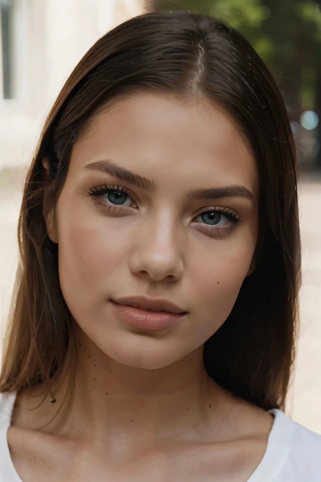 a slim and youthful 22 year old girl, with a similar face to actress Adriana Lima, modell, Ultrarealistisch, sie hat eine glatze, green eyes, leichte Sommersprossen, atemberaubend,