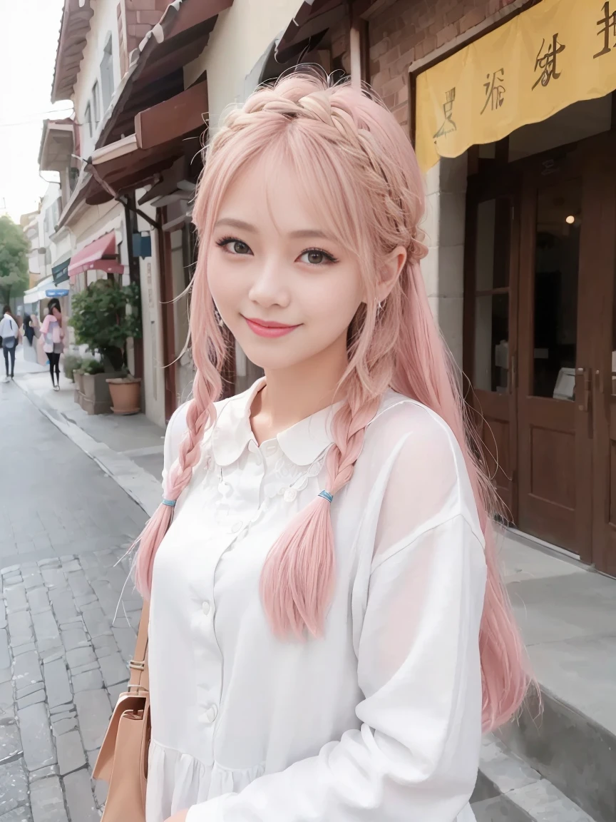 (8K、top-quality、masterpiece:1.2)、(reallistic、Photorealsitic:1.37)、The ultra-detailliert、女の子1人、18year old、Medium chest、Beautie、Beautiful and perfect face、Natural smile、独奏、holiday、Bustling street、shopping、Fashionable clothes、Redness of the nose)、(A smile:1.5)、(With mouth closed) 、beautidful eyes、(long:1.2)、Floating hair 、Middle hair、Pink Hair Medium Hair, (Pink hair), Ear Hair, , Single braid, (Single braid), (Side braid),Checked shirt