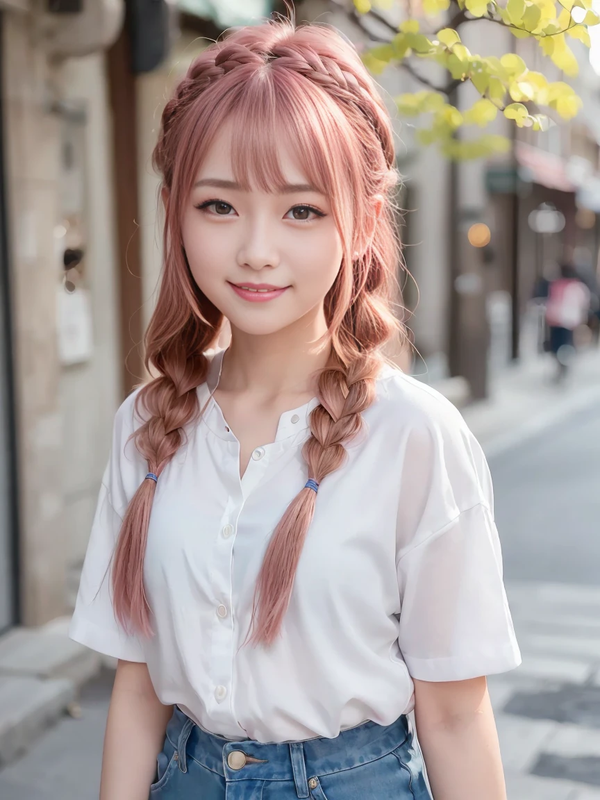 (8K、top-quality、​masterpiece:1.2)、(reallistic、Photorealsitic:1.37)、The ultra-detailliert、女の子1人、18year old、Medium chest、Beautie、Beautiful and perfect face、Natural smile、独奏、holiday、Bustling street、shopping、Fashionable clothes、Redness of the nose)、(A smile:1.5)、(With mouth closed) 、beautidful eyes、(long:1.2)、Floating hair 、Middle hair、Pink Hair Medium Hair, (Pink hair), Ear Hair, , Single braid, (Single braid), (Side braid),Checked shirt