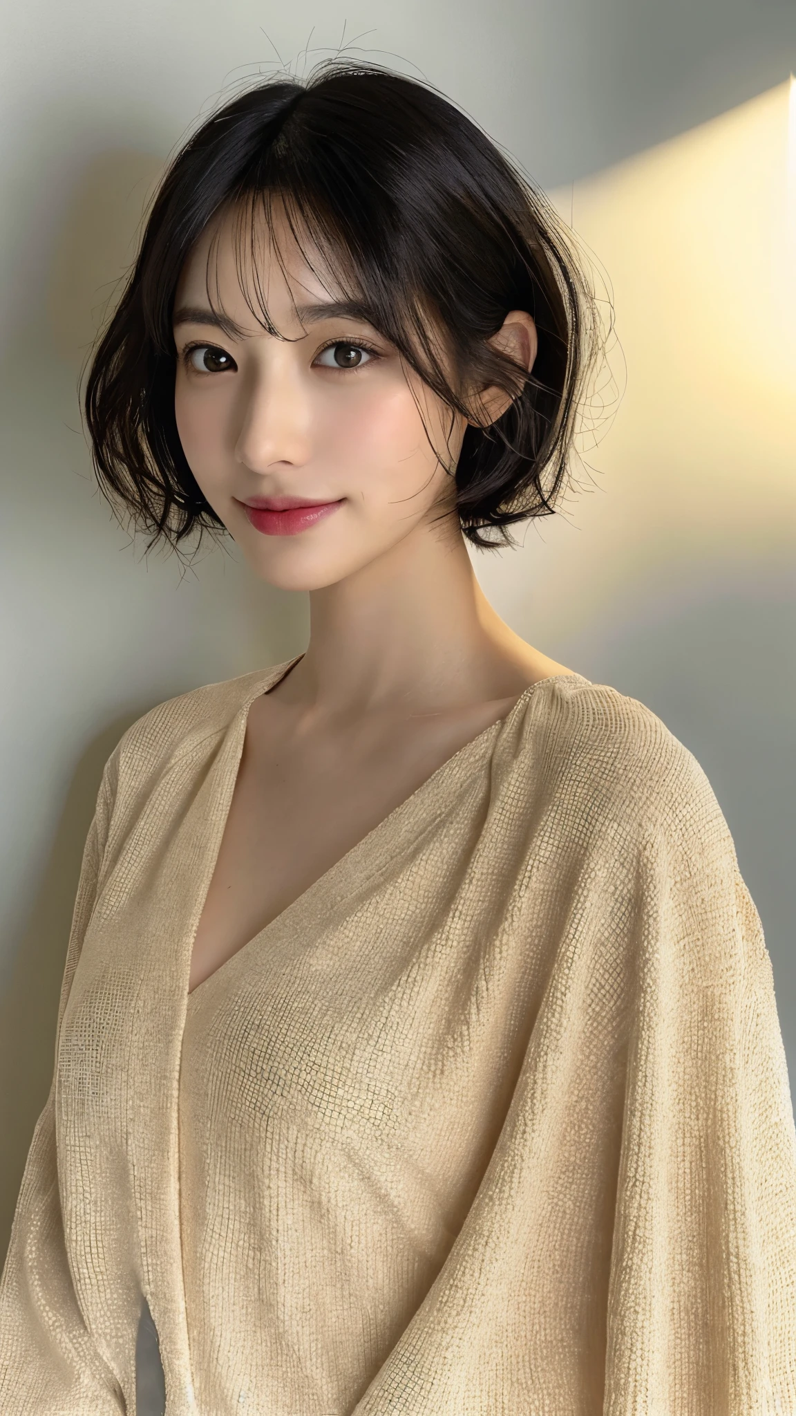 (masterpiece:1.3), (8K, realistic, RAW photo, highest quality: 1.4), Japanese, (((1 girl))), beautiful face, (realistic face), (black hair, short hair:1.3), beautiful hairstyle, realistic eyes, beautiful and fine eyes, (realistic skin), beautiful skin, Charm, ultra high resolution, surreal, very detailed, golden ratio,  (detailed face:1.2), looking at the viewer, smile, open white shirt, medium breasts,Are standing, put your hand on your waist