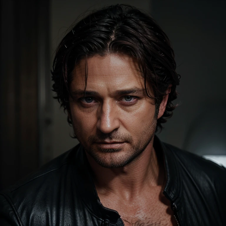 Gerard butler es un vampiro enojado en una tormenta electrica cabello muy largo ????? y ojos azules