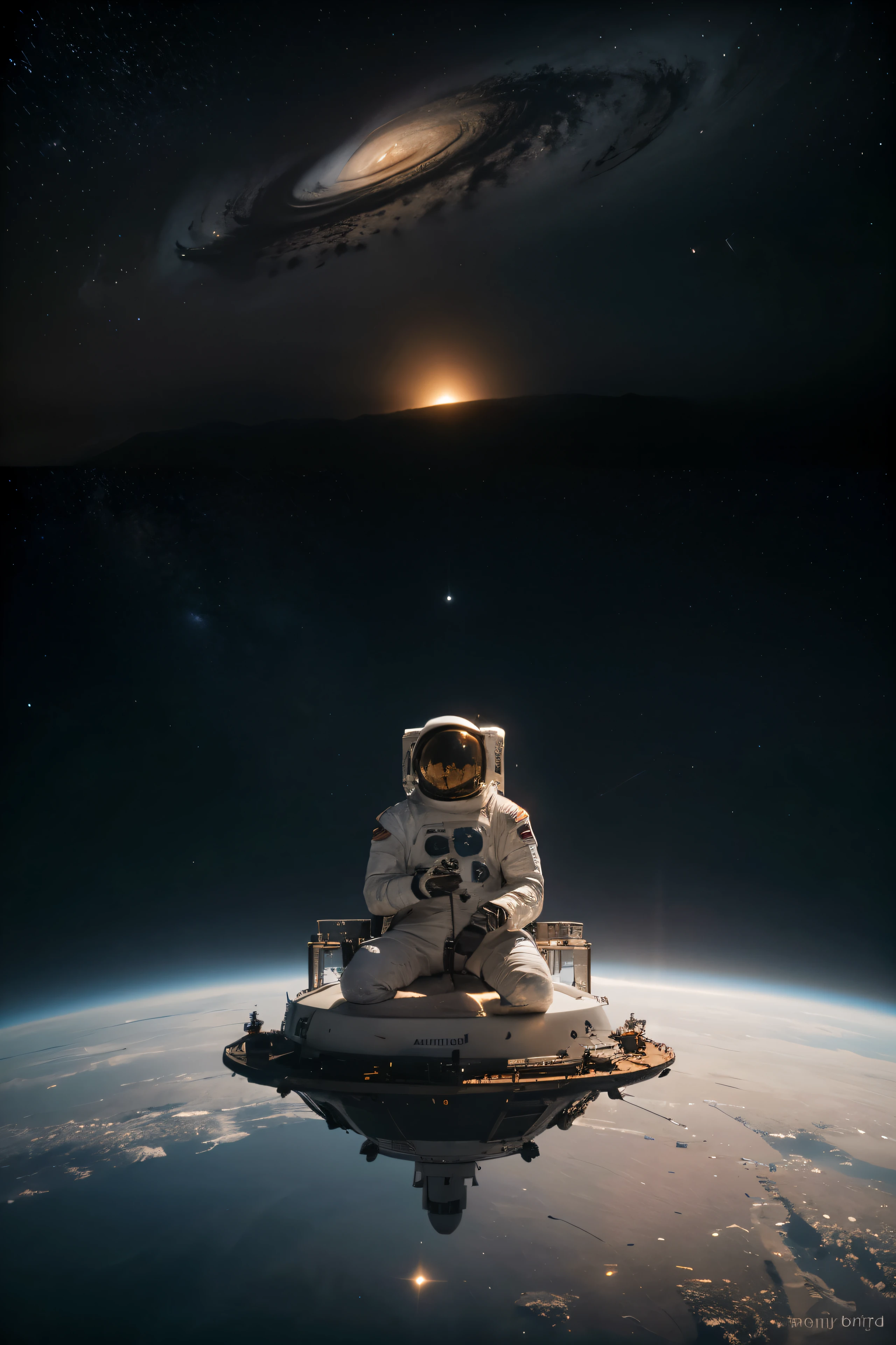 Crea una portada para un sencillo musical de un astronauta flotando en el espacio viendo al horizonte