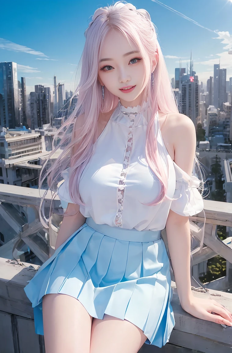 official art, masterpiece, sharp focus, (beautiful gorgeous cute korean woman:1.3), (beautiful and cute korean:1.3), korean beauty, Delicate and beautiful hair, eyes and face, realistic, Super detailed, beautiful girl, blue sky, white glowing particles, (side light:1.2), Light of the sun, White cloud, detailed clouds, thin, nice very big breasts and very big hips, smile showing teeth, ((smile with eyes, open both eyes)), scenery, long straight hair, sexy look, building, (cityscape:1.7), dynamic hair, long straight hair, fine platinum pink hair, blue glowing eyes, (blue pleated shirts + white skirt), white long socks, white skin, hair ornaments, epic scenery,
