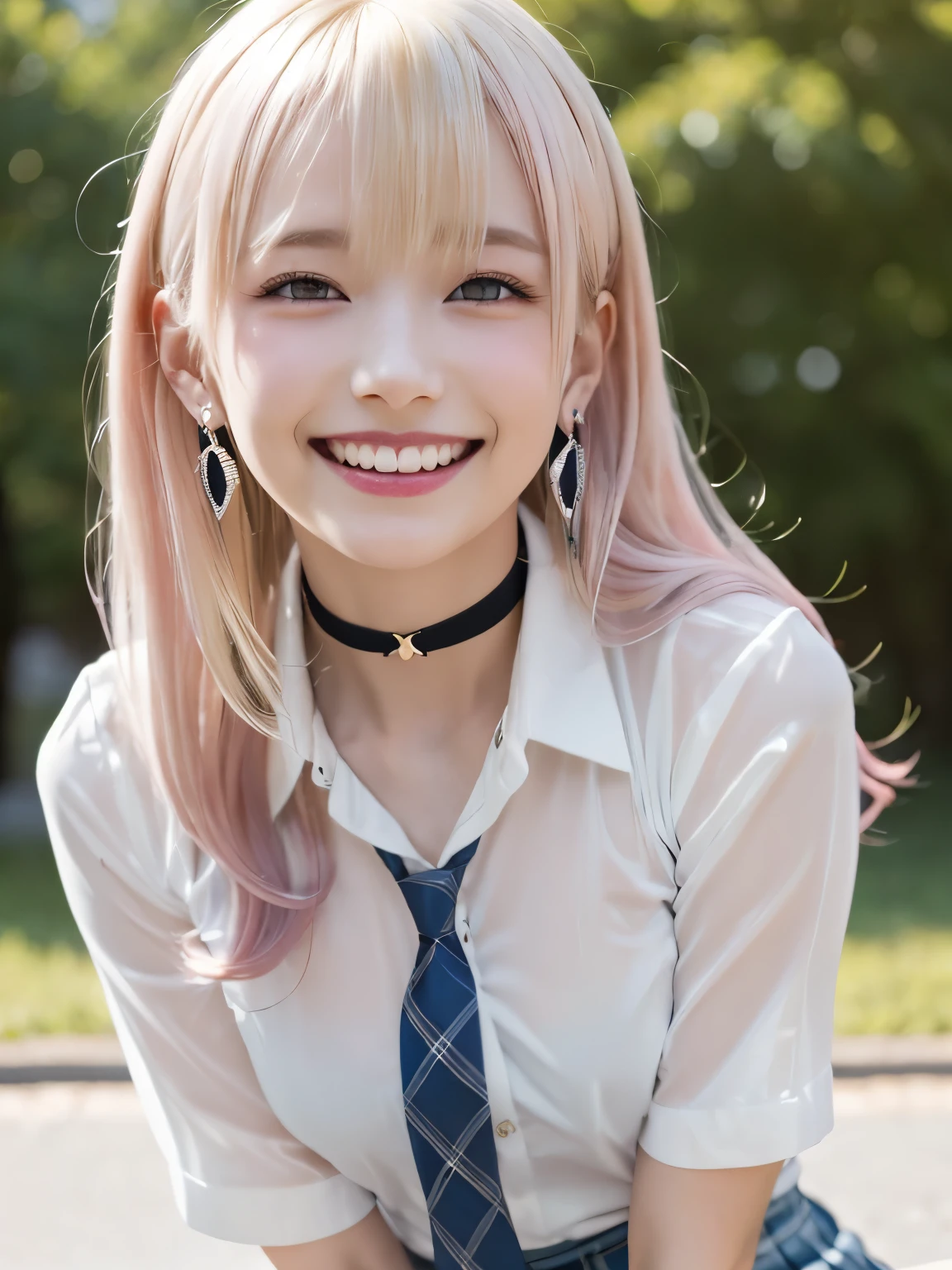 mix 4, (8K, RAW photo, highest quality, masterpiece: 1.45), (realistic, photorealistic: 1.37), Kitagawa Marine, (blonde hair, pink gradient hair:1.5), ((long hair:1.5, Sink bangs,colorful hair, red eyes)),(((indian style)))、japanese woman, ************,high school student、model body shape, (big breasts:1.1), thin waist, beautiful face, beautiful eyes, , jewelry,earrings, white shirt, Tied shirts, black choker, blue tie, plaid skirt, white panties、grin and laugh, smile, Are standing, cowboy shot, schoolyard、hight school, 1 girl, alone, detailed face and eyes, upper body photo. realistic, realistic.MarinGyaru,school_uniform