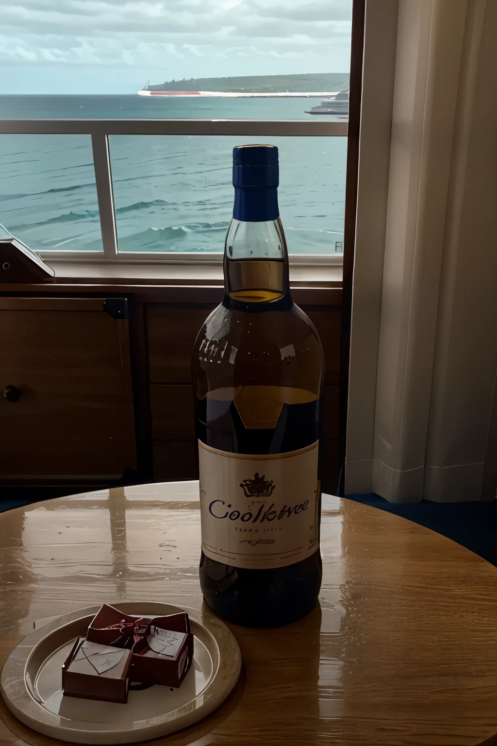 the bottle is on the table in the ship's cabin, near the window in which you can see the sea, near a bottle of sweets and chocolates