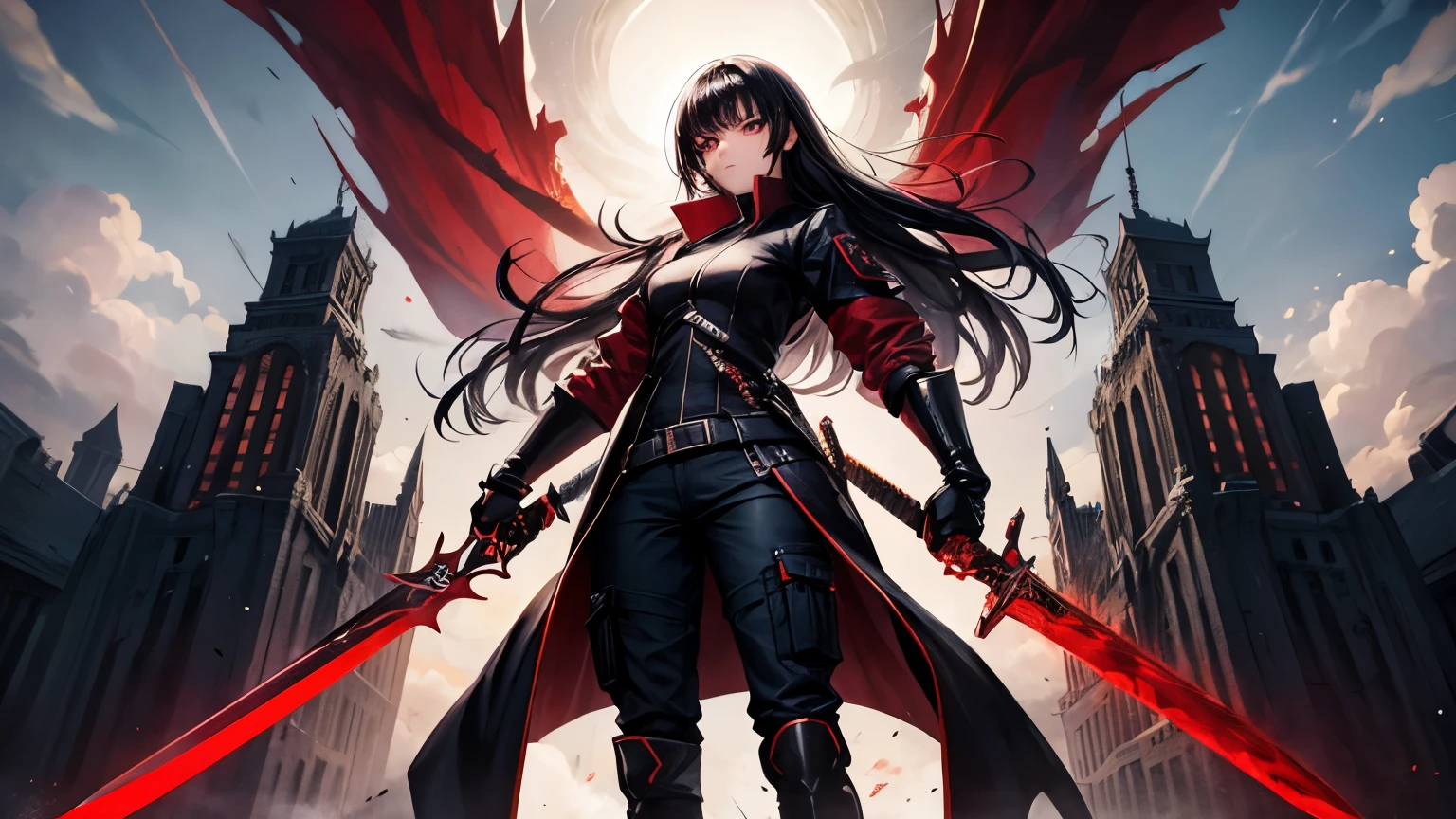 a high resolution, masterpiece, young woman, square, black hair, high growth, standard proportions, anime, Sword in hand, black and red blade, pattern on the blade, black coat, serious face, sword near the face, Blood, берцы, Cargo pants, gloves, overall plan, 2d