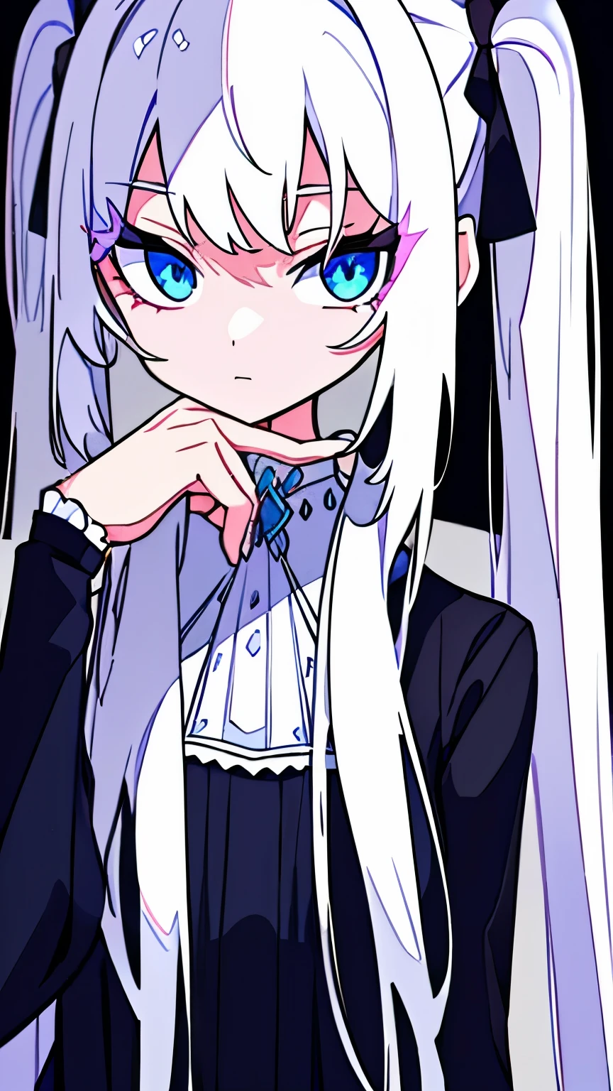 ultra precision,masterpiece, highest quality,full body portrait,one girl,beautiful girl,16 year old girl,(look at me),pretty face,(((white hair))),long hair,twin tails,bangs,(Dark blue eyes),detailed slanted eyes,long eyelashes,cool look,(((Feminine dress))),(((Place your hand close to your face))),Slender body shape,small breasts,simple background,
